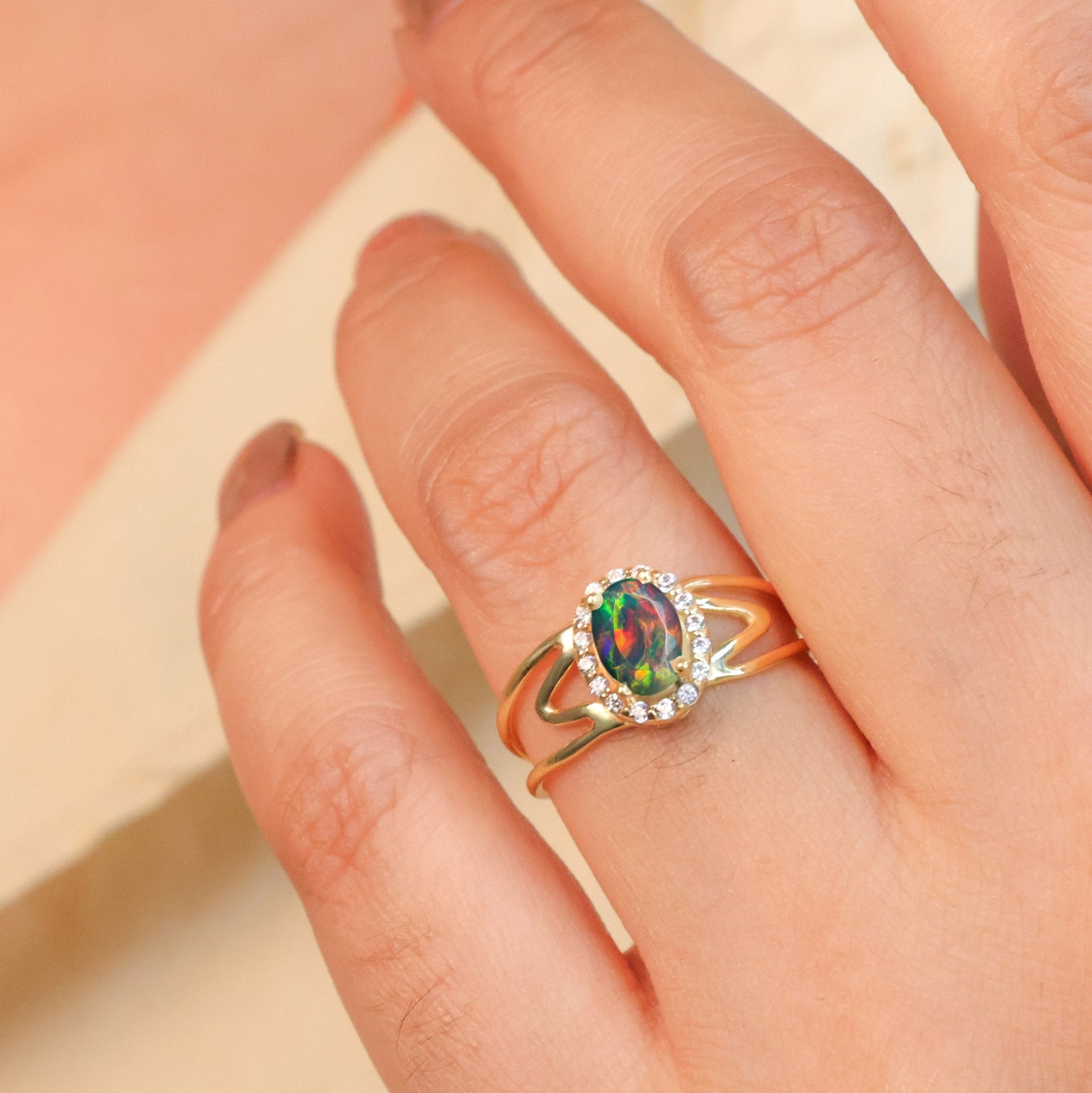 Gorgeous Black fire oval Ethiopian opal gold wedding ring - Goodstone Jewels