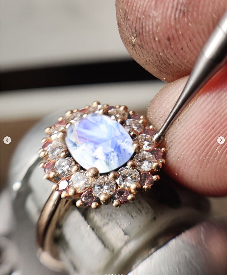 Gorgeous white Rainbow Moonstone Gold Wedding ring - Goodstone Jewels