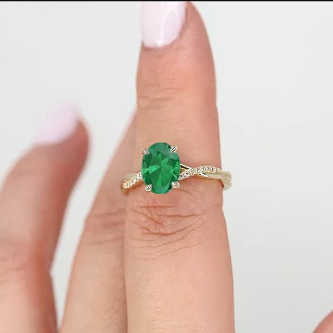 Green Dainty oval shape Emerald In Prong sett Gold ring - Goodstone Jewels