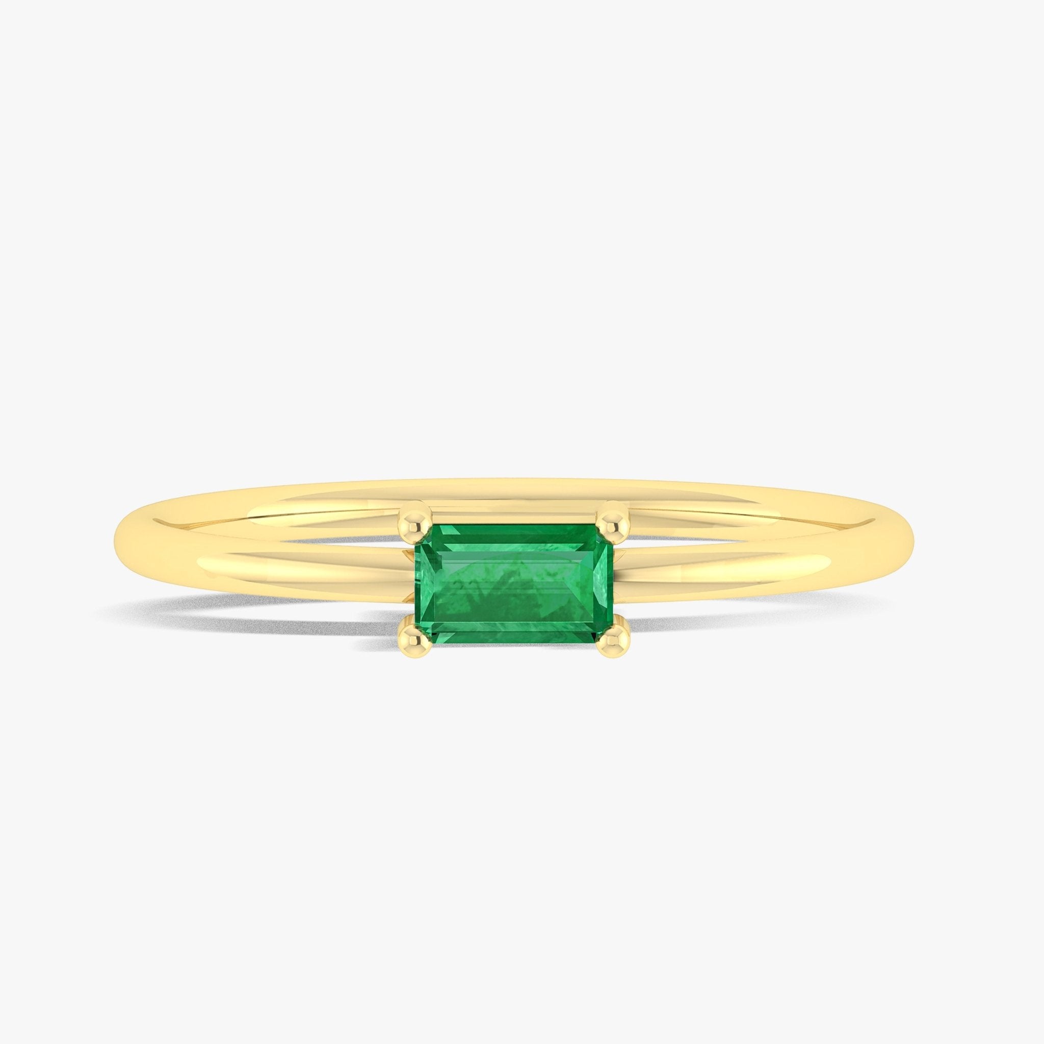 Natural Green Emerald Baguette Gemstone Minimalist Ring in Sterling Silver & Gold Plated