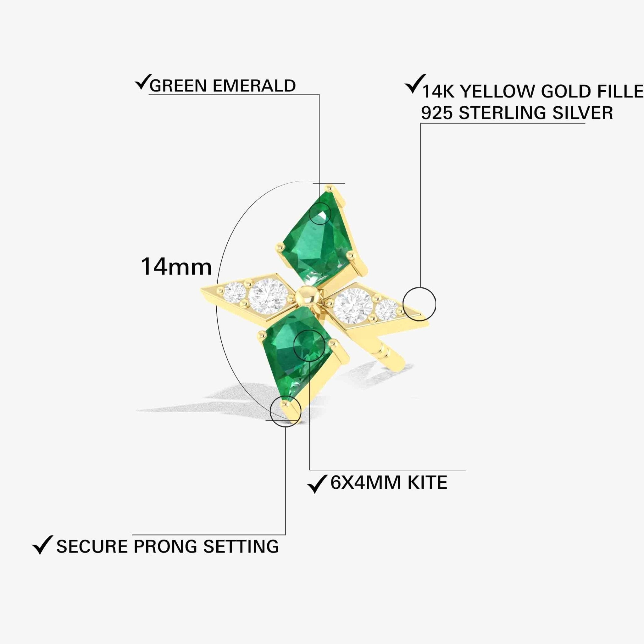 Green Emerald Dual Kite Gemstone Floral Stud Earrings - Goodstone Jewels