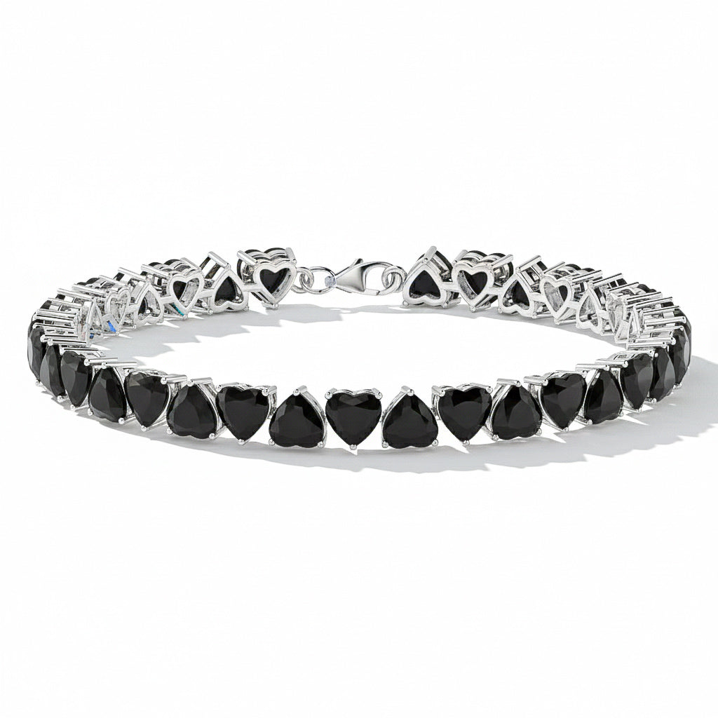 Black Onyx Heart Tennis Bracelet in 925 Sterling Silver 20.80 CT