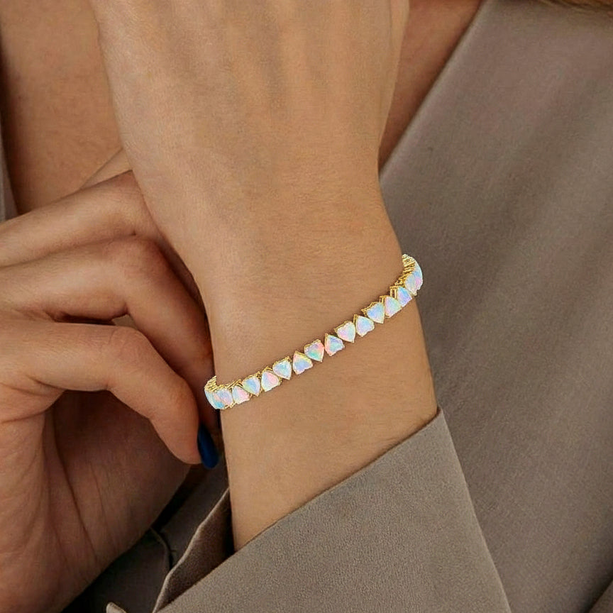 White Opal Heart Tennis Bracelet in 925 Sterling Silver 20.80 CT