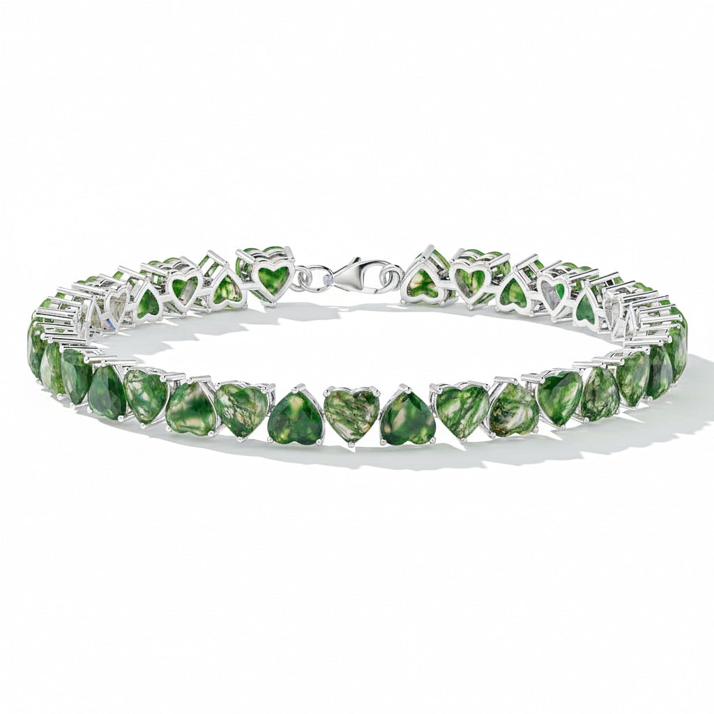 Moss Agate Heart Tennis Bracelet in 925 Sterling Silver 20.80 CT