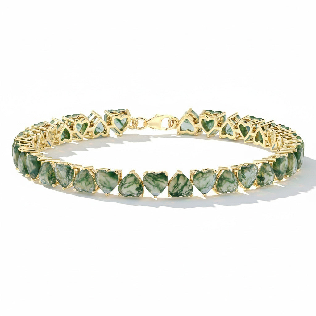 Moss Agate Heart Tennis Bracelet in 925 Sterling Silver 20.80 CT