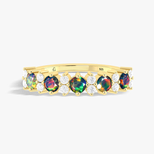 Half Eternity Ring with Natural Black Opal and White Zircon