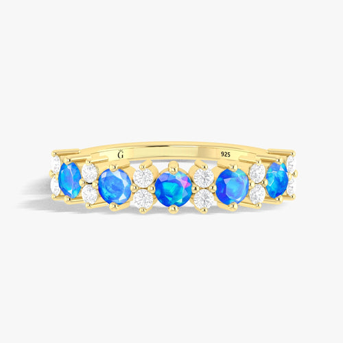 Half Eternity Ring with Natural Blue Opal and White Zircon