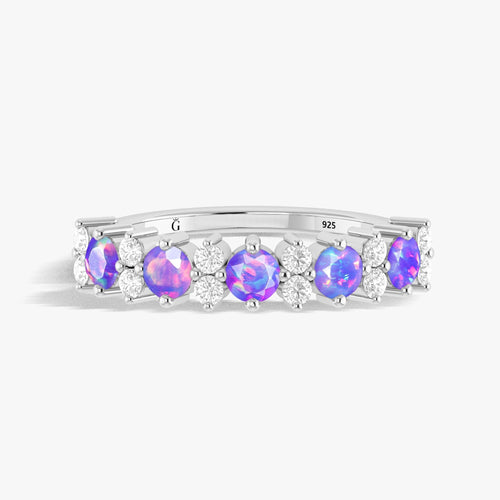 Half Eternity Ring with Natural Lavender Opal and White Zircon