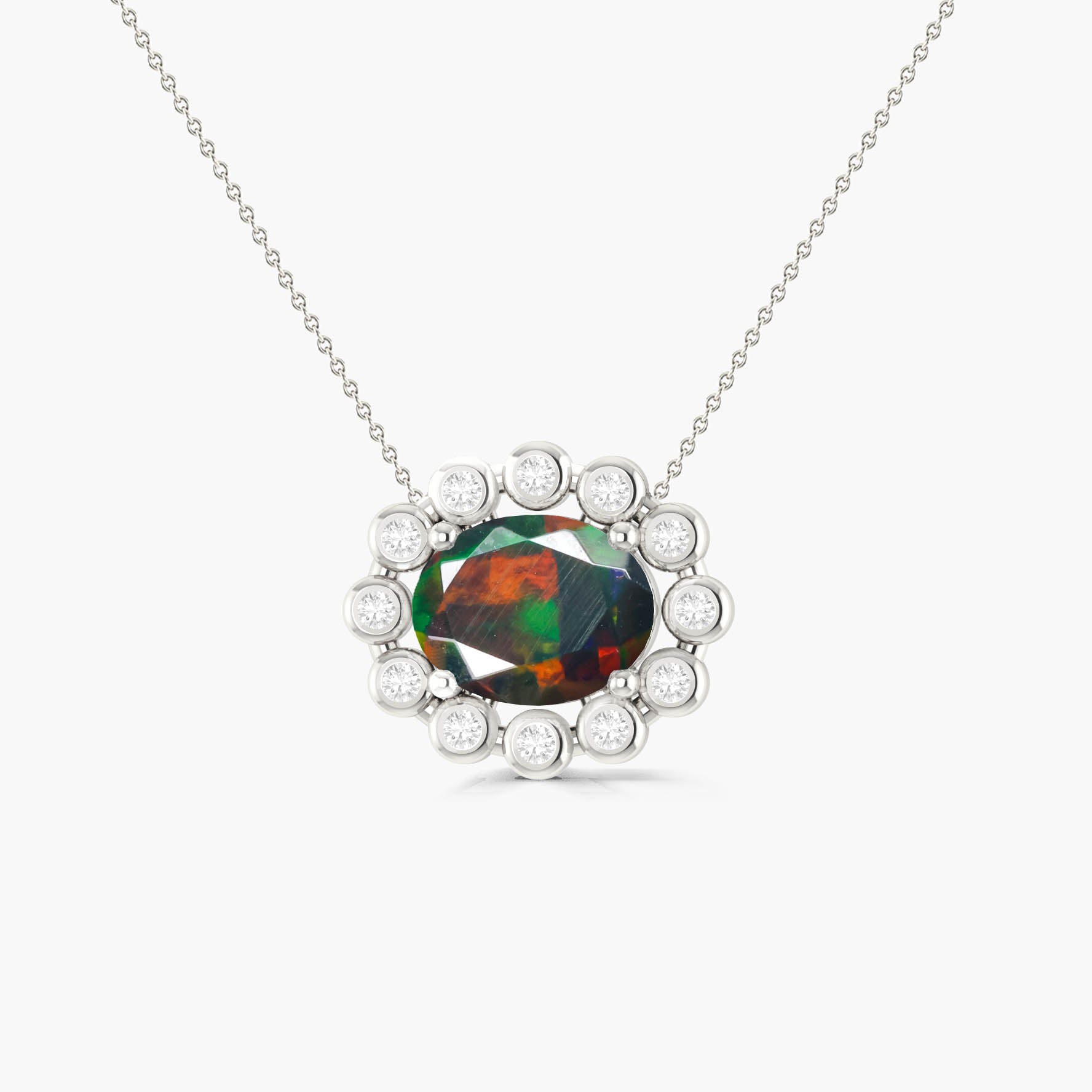 Halo Chain Pendant Necklace with Natural Black Opal & White Zircon - Goodstone Jewels