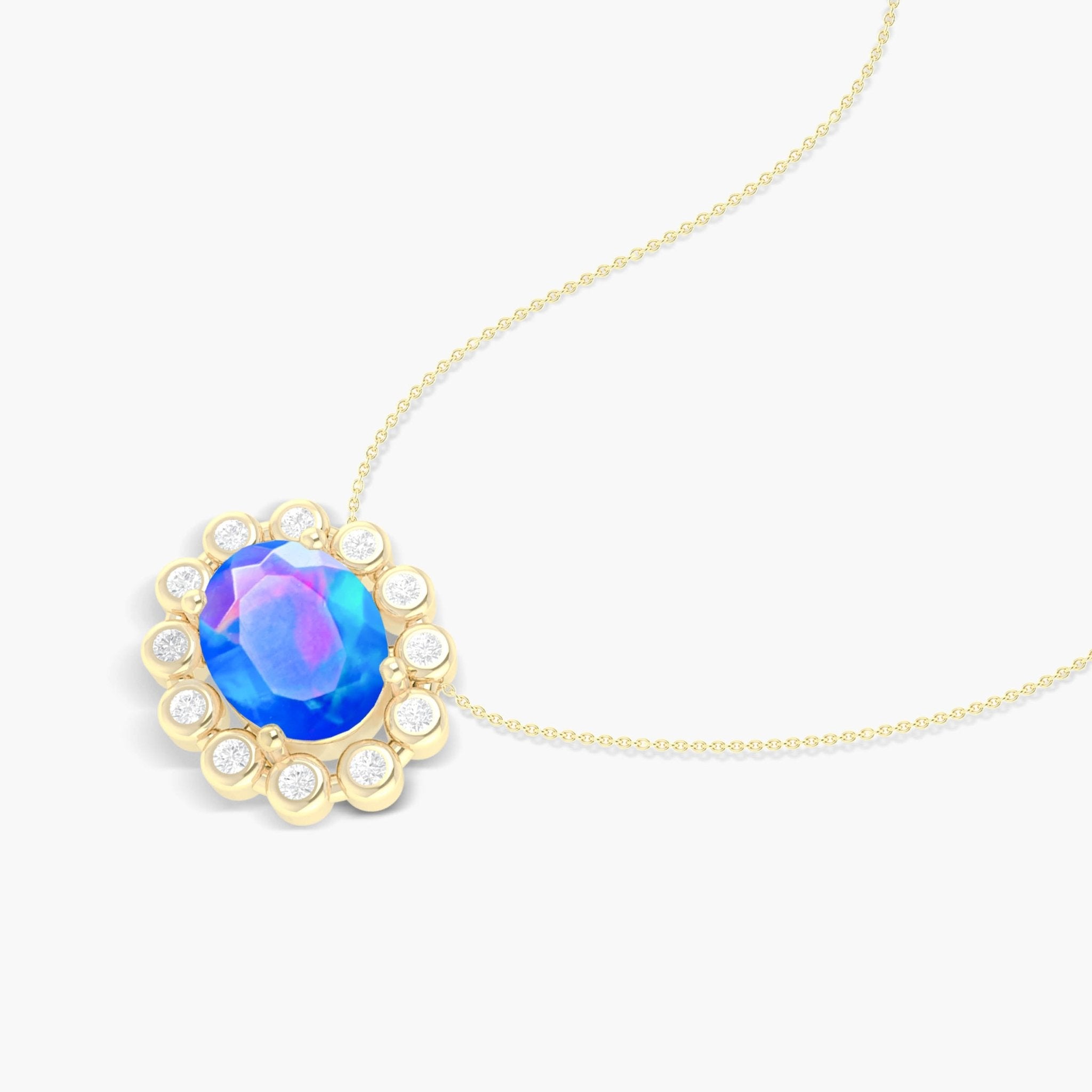 Halo Chain Pendant Necklace with Natural Blue Opal & White Zircon - Goodstone Jewels
