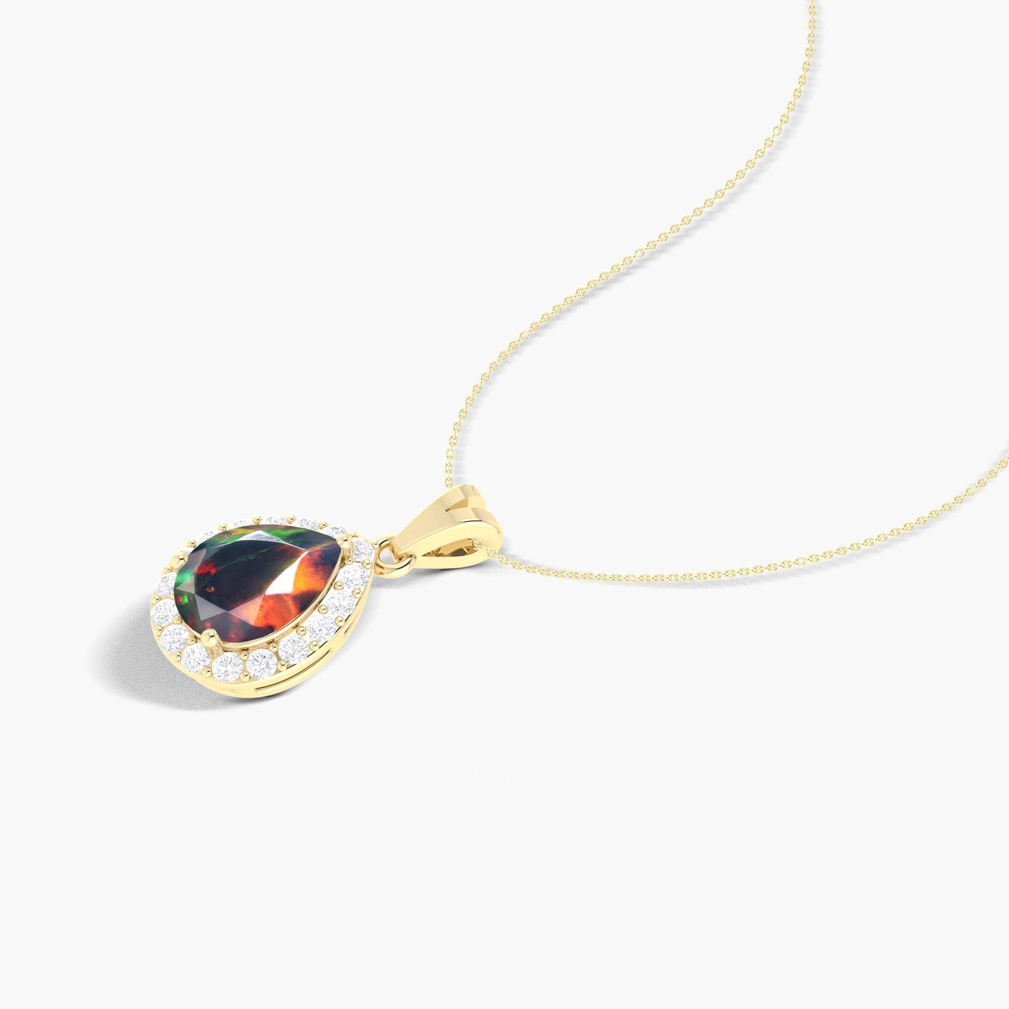 Halo Pendant Chain Necklace with Natural Black Opal and White Zircon - Goodstone Jewels