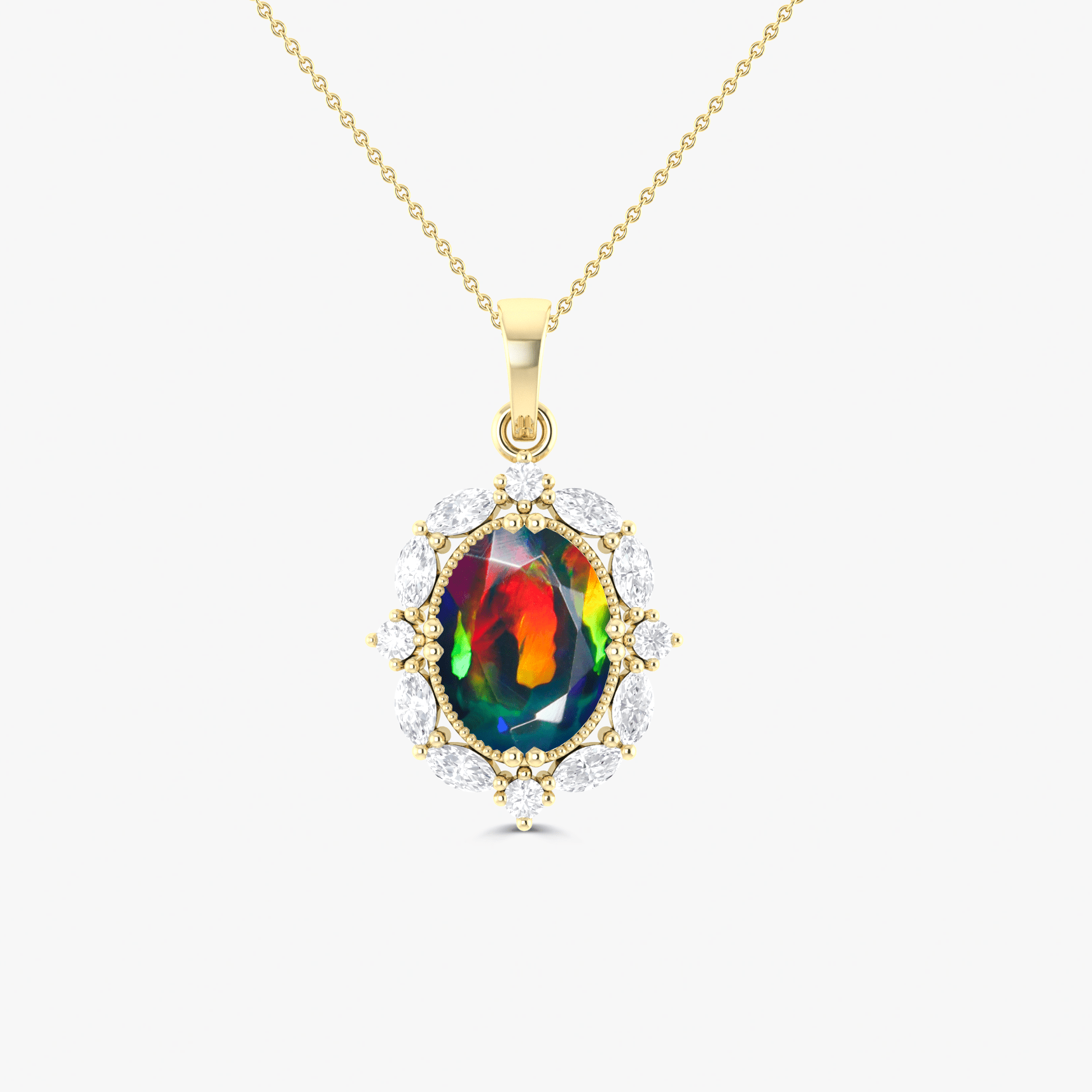 Halo Pendant Chain Necklace with Natural Black Opal Gemstone - Goodstone Jewels