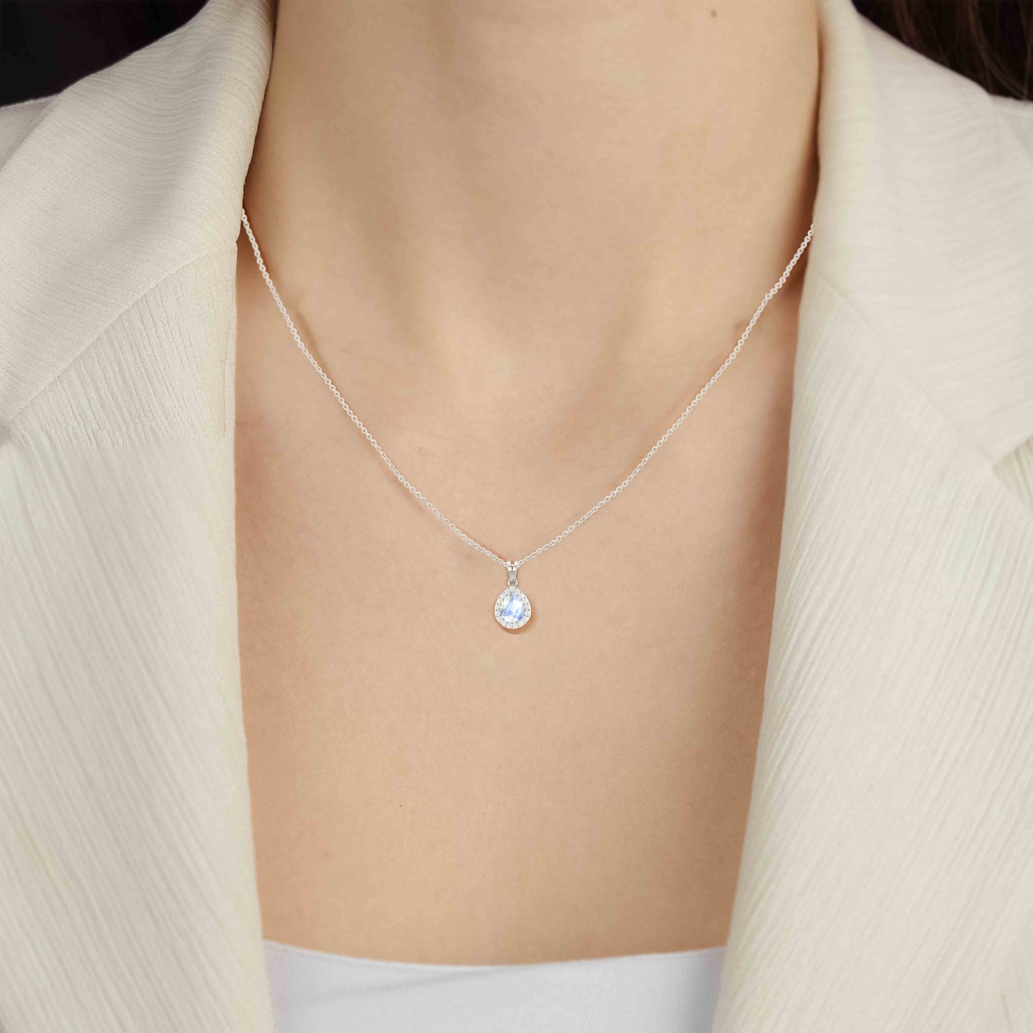 Halo Pendant Chain Necklace with Natural Moonstone and White Zircon - Goodstone Jewels