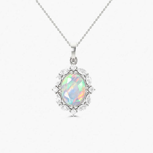 Halo Pendant Chain Necklace with Natural White Opal Gemstone