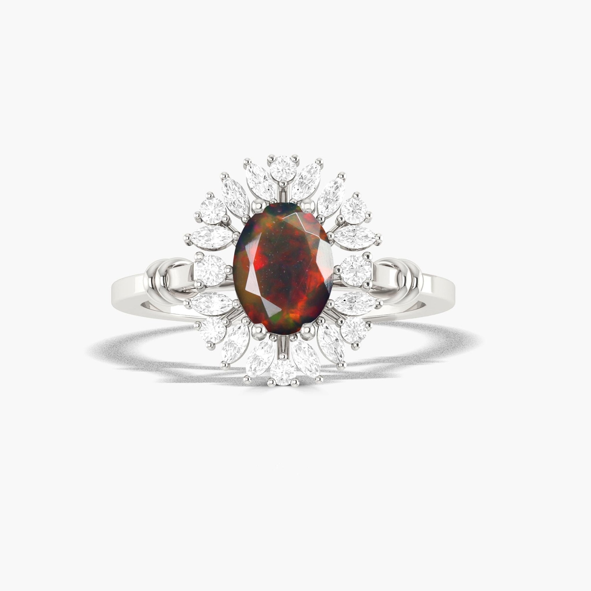 Halo Wedding Ring with Oval Shape Natural Black Opal - Goodstone Jewels