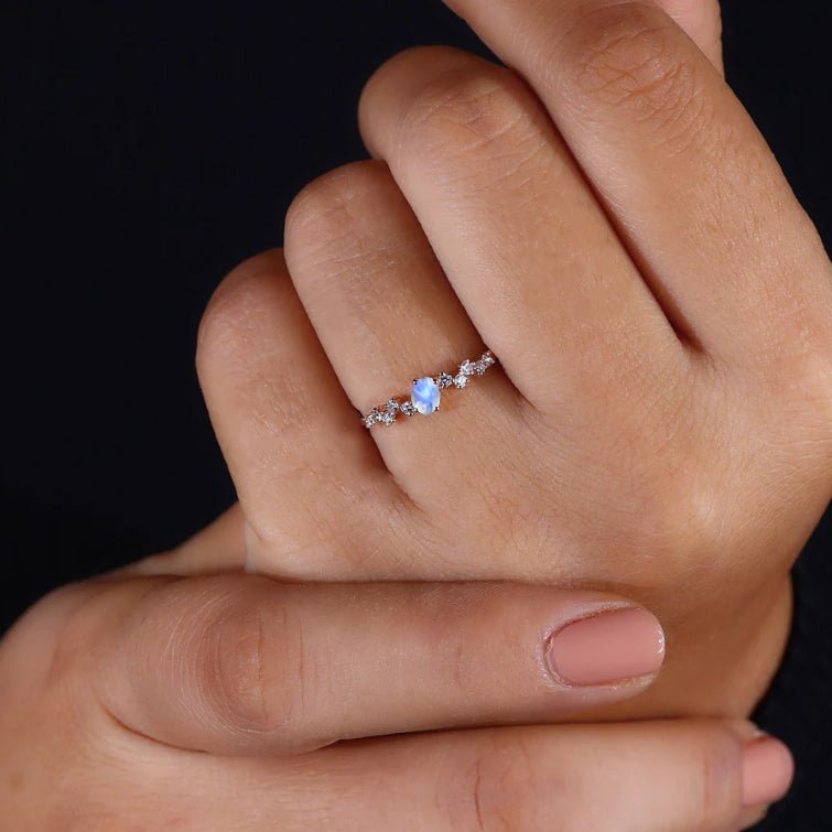 Handcrafted White rainbow moonstone with Small round zircon ring - Goodstone Jewels