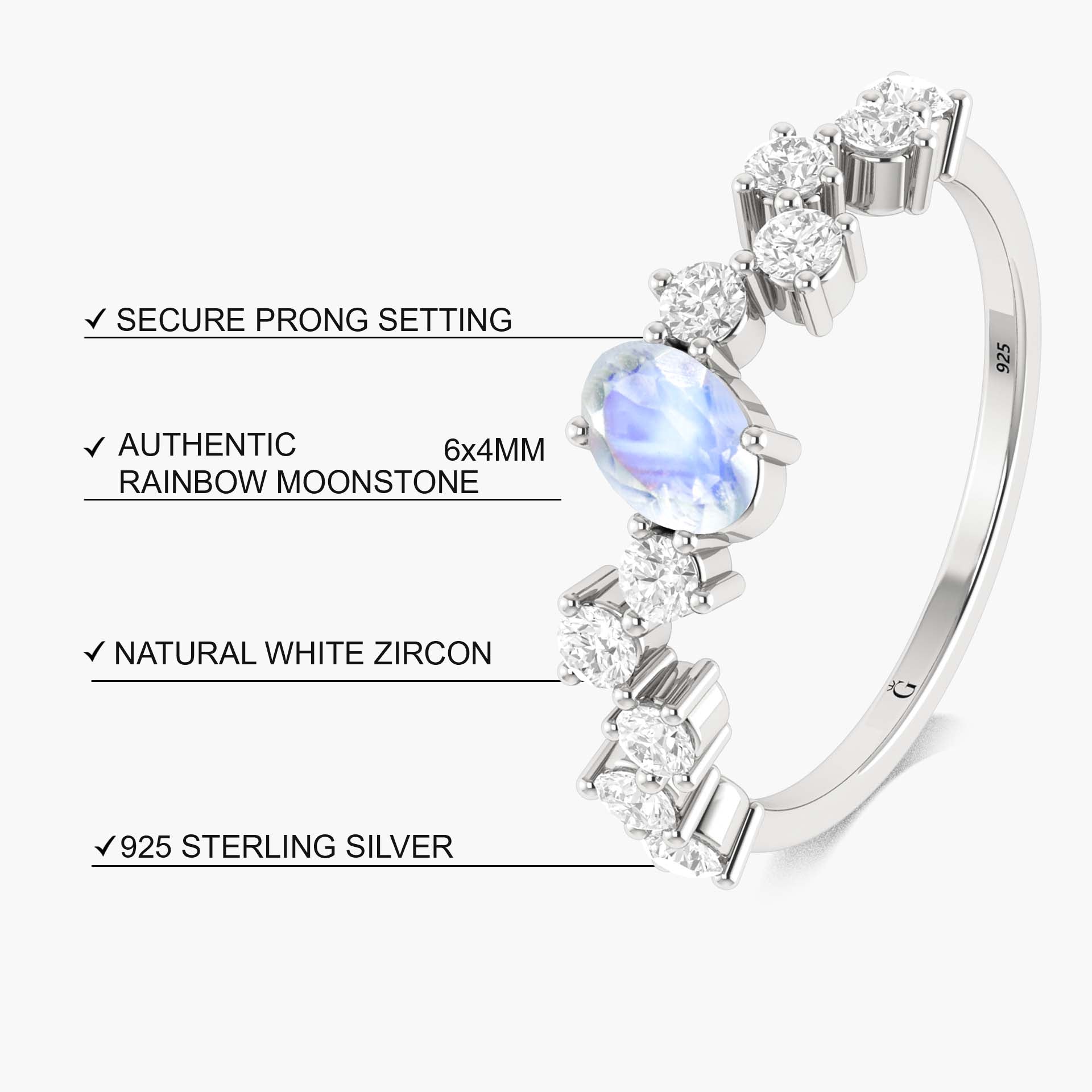 Handcrafted White rainbow moonstone with Small round zircon ring - Goodstone Jewels