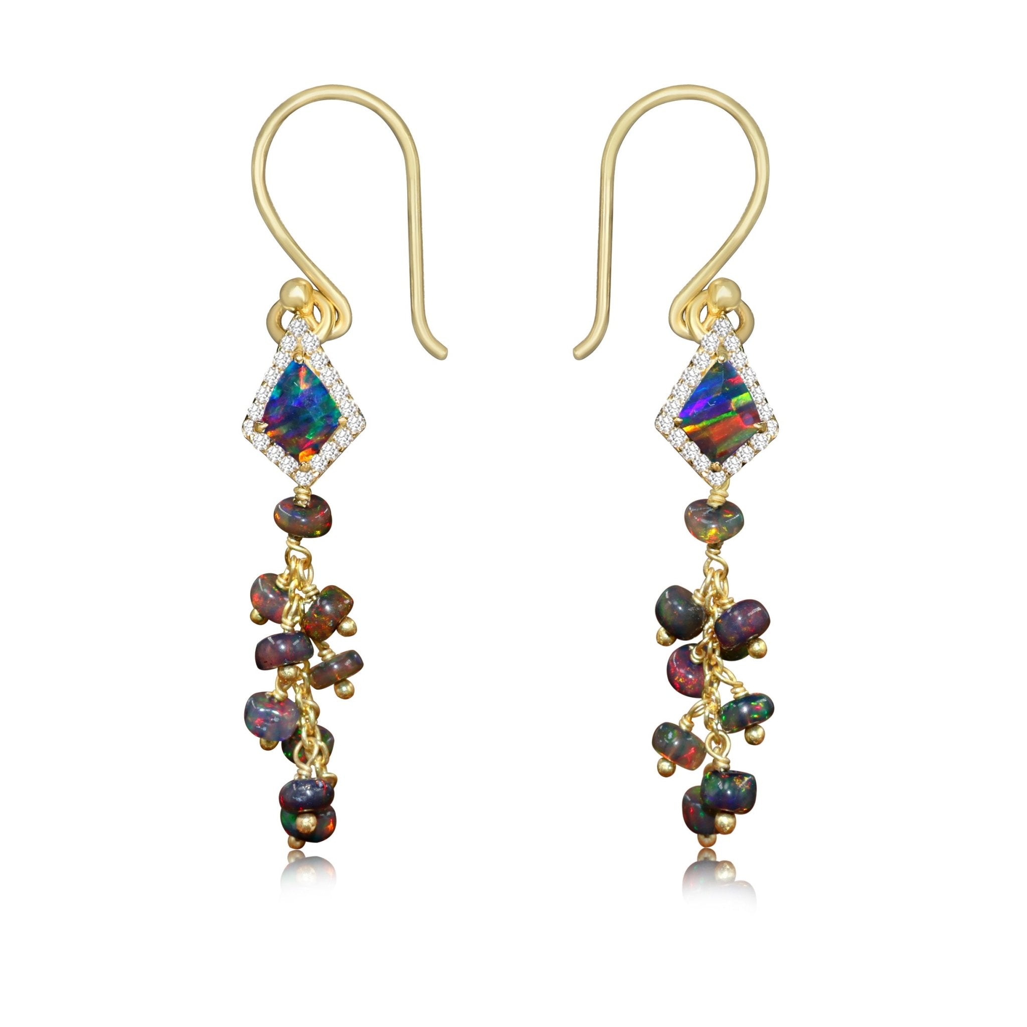 Handmade Wire Wrapping Kite Shape Black Opal Earrings - Goodstone Jewels