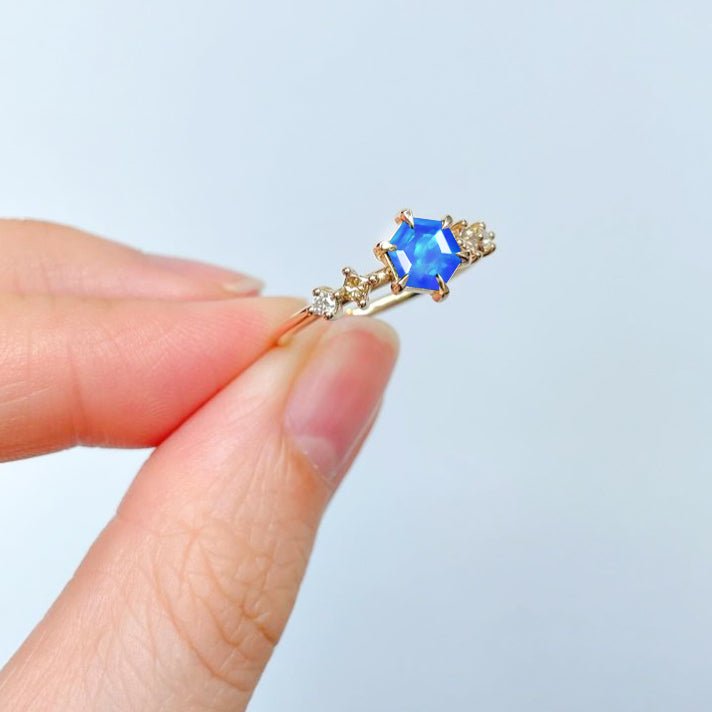 Hexagon Shape 6 MM Natural Blue Opal Designer Ring - Goodstone Jewels