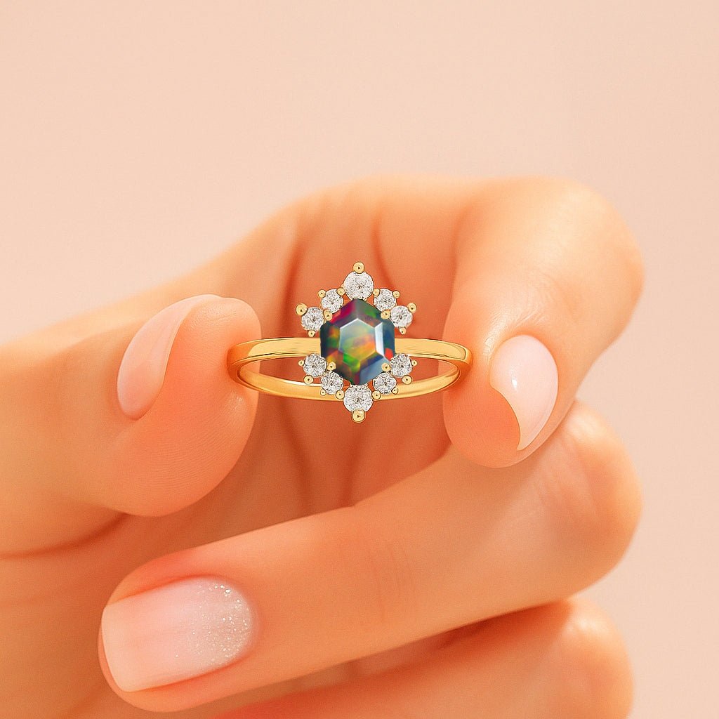 Hexagon Style Natural Black Opal & White Zircon Designer Ring - Goodstone Jewels