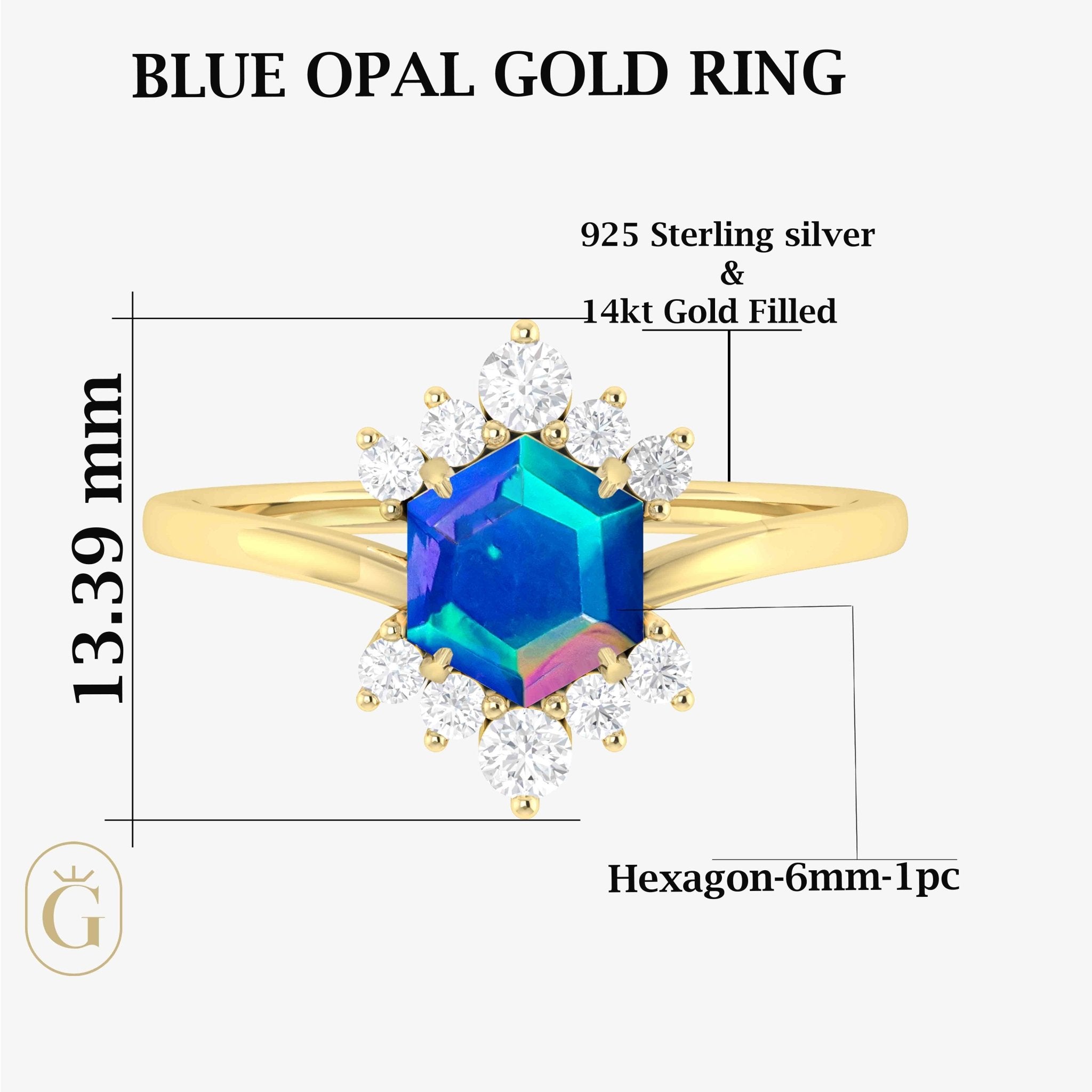 Hexagon Style Natural Blue Opal & White Zircon Designer Ring - Goodstone Jewels