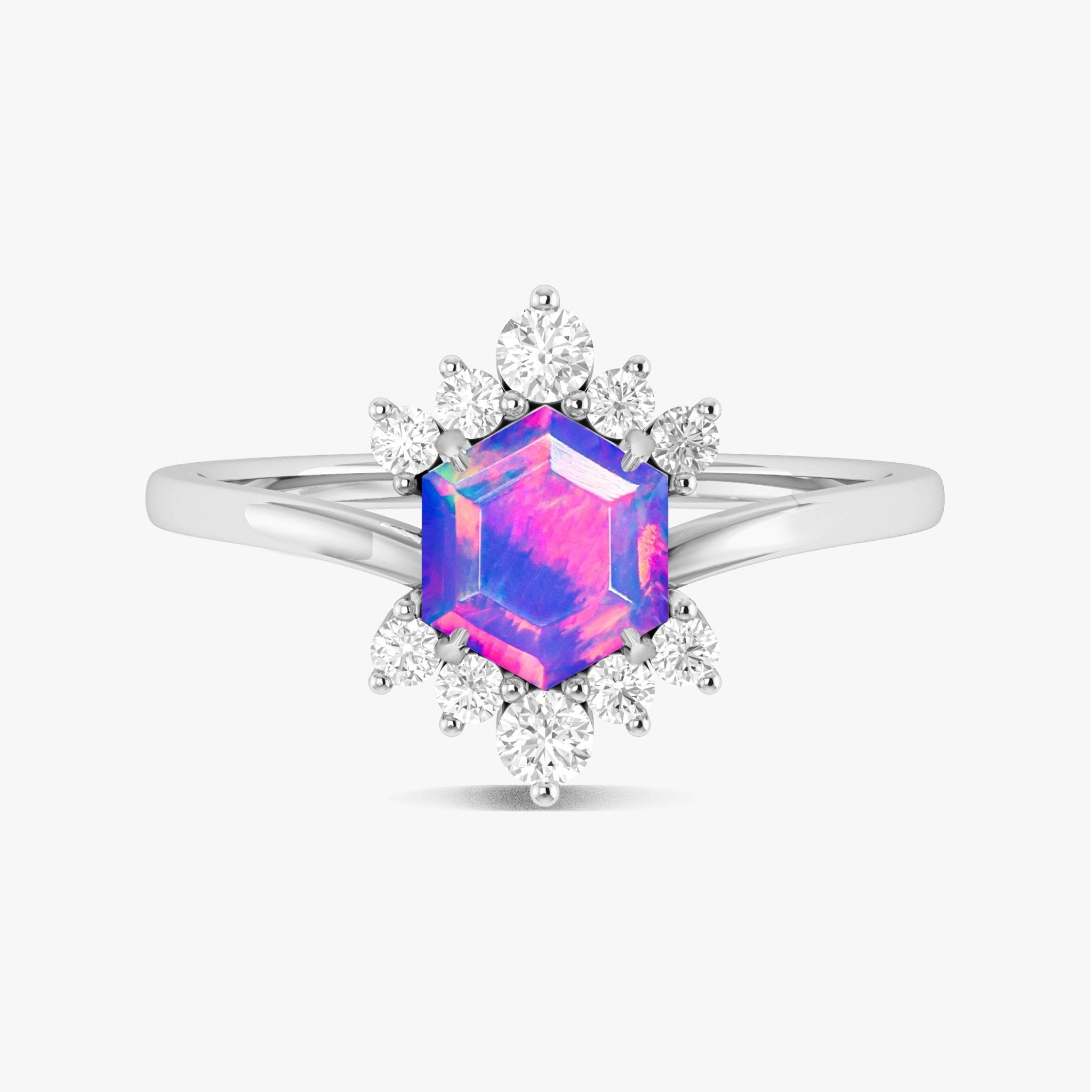 Hexagon Style Natural Lavender Opal & White Zircon Designer Ring - Goodstone Jewels
