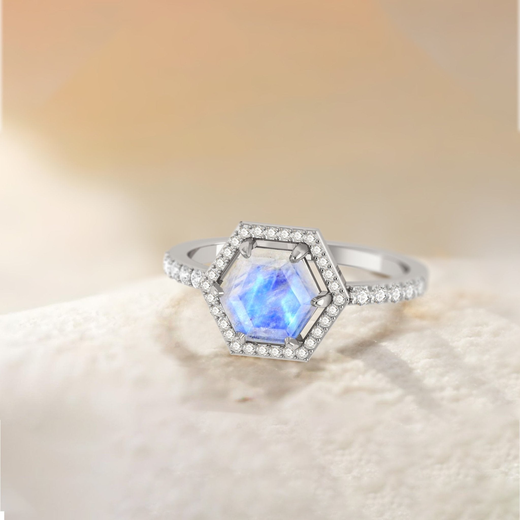 Hexagon Style Natural Moonstone Halo Ring - Goodstone Jewels