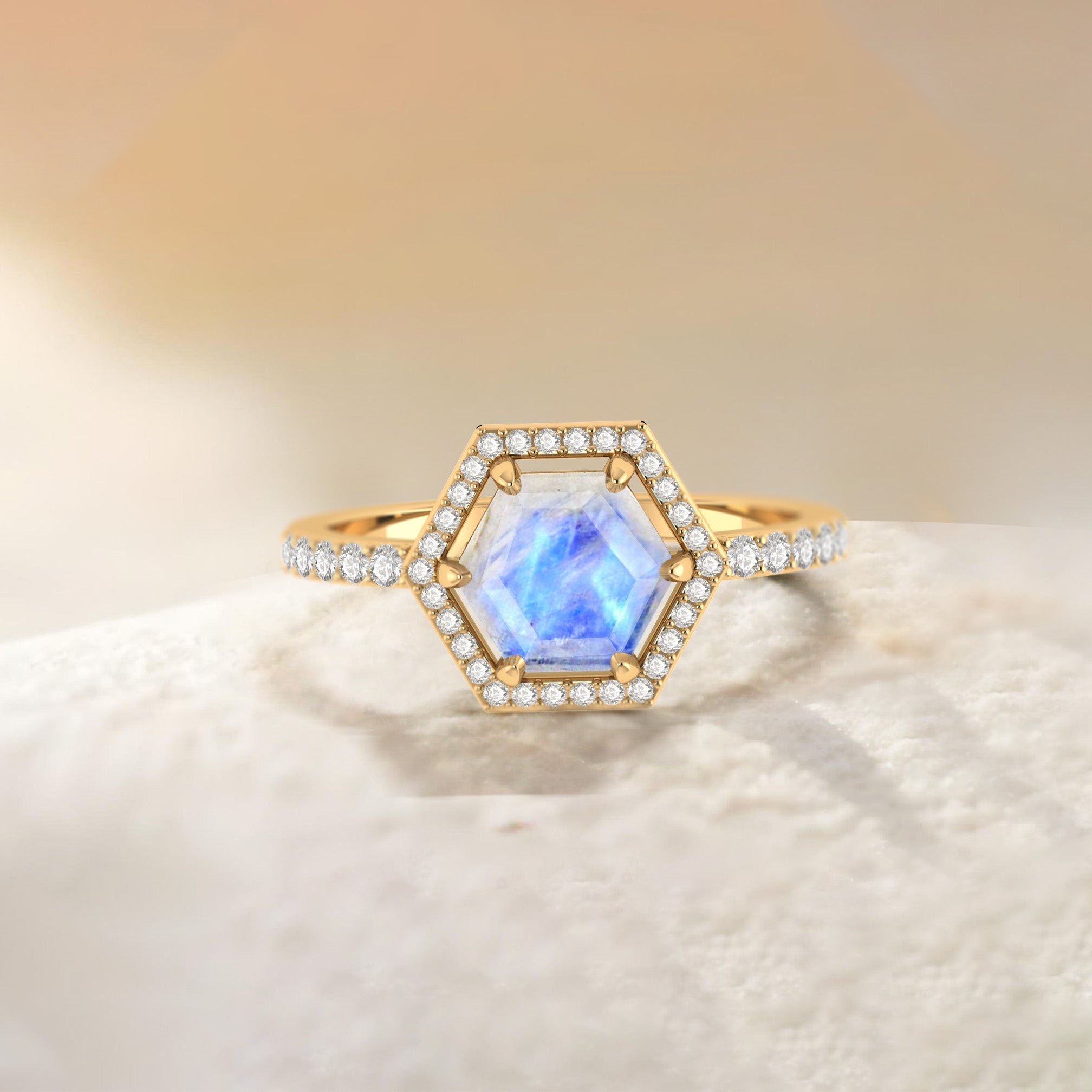 Hexagon Style Natural Moonstone Halo Ring - Goodstone Jewels
