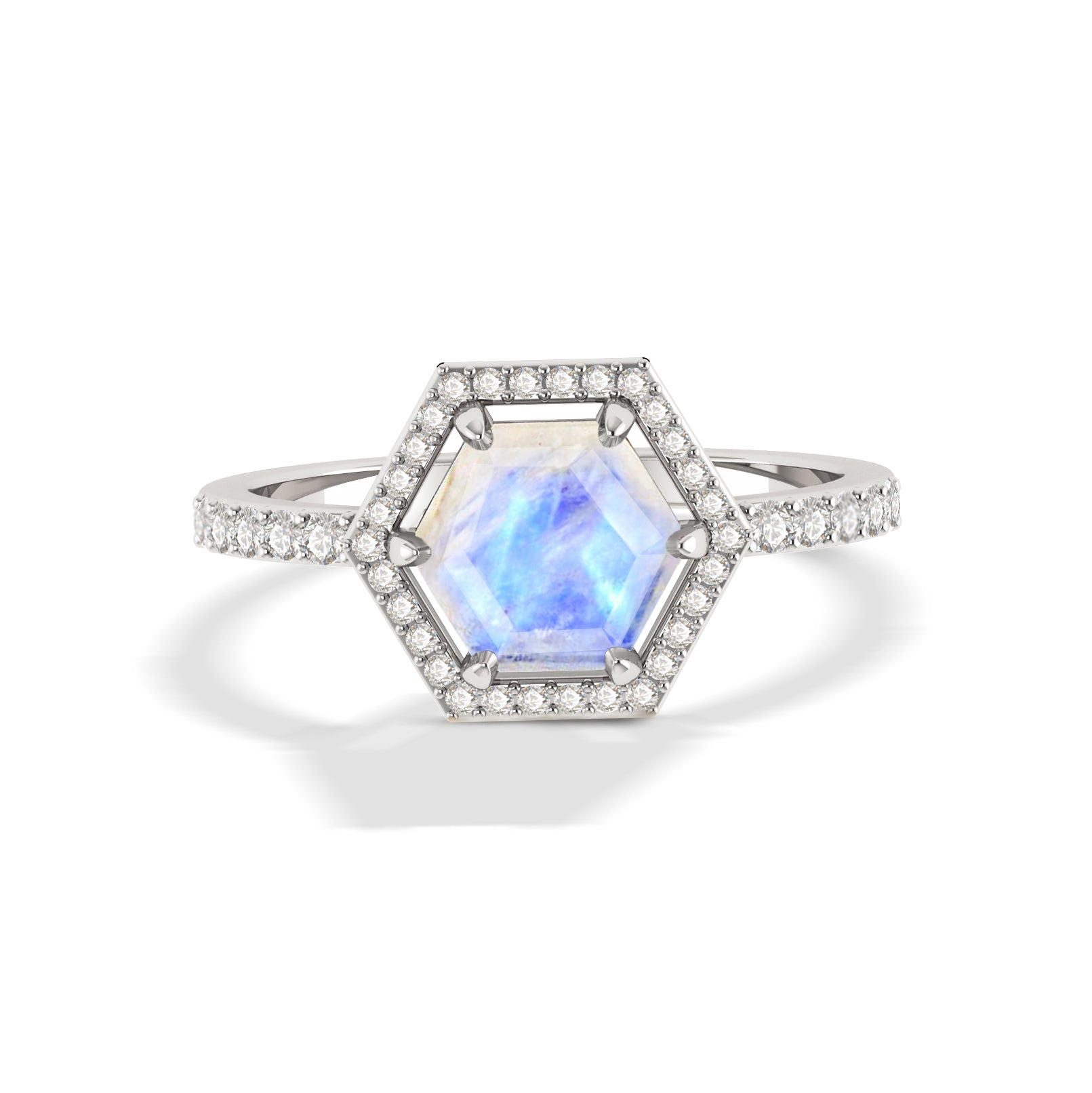 Hexagon style moonstone ring halo ring design in elegant silver rings finish