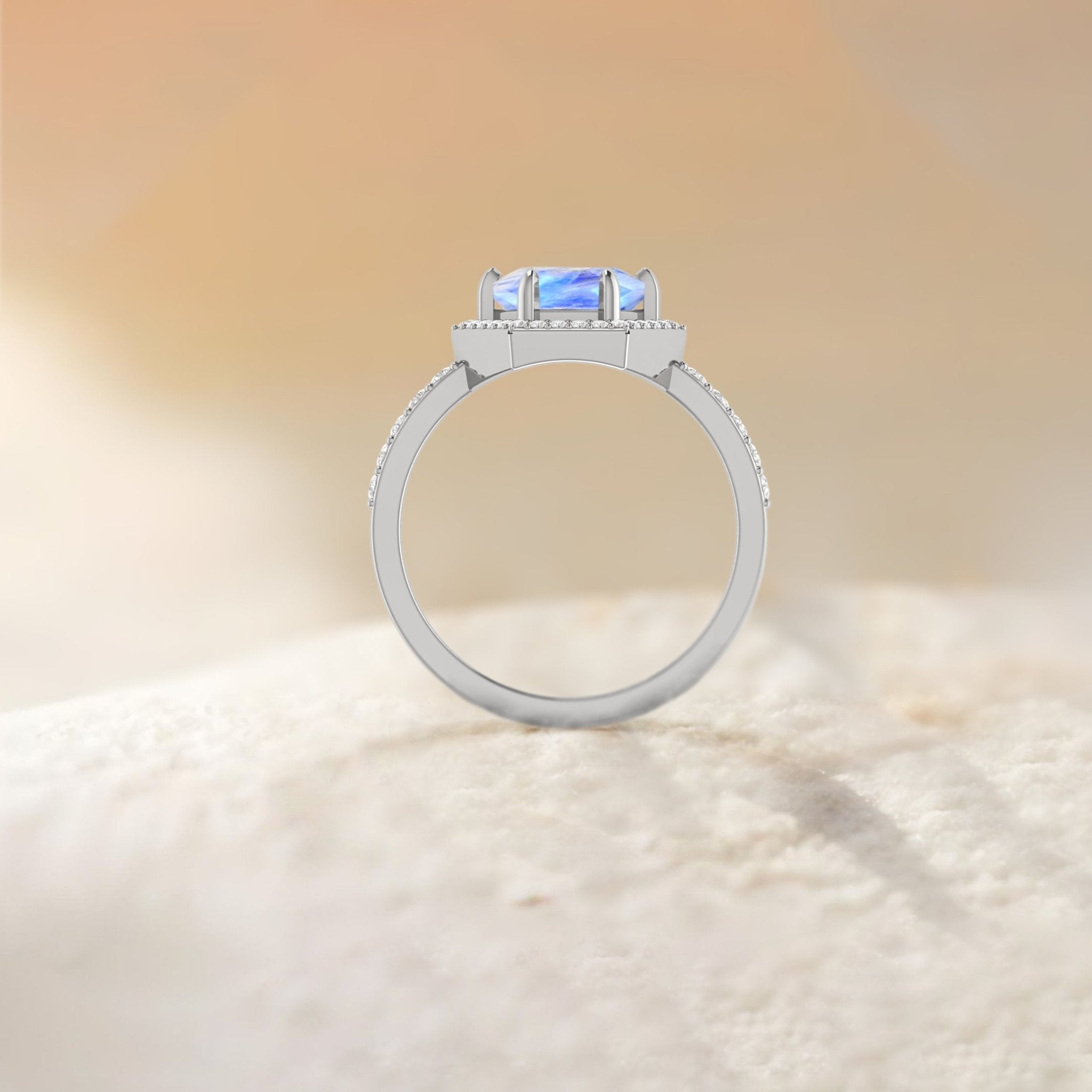 Hexagon Style Natural Moonstone Halo Ring - Goodstone Jewels