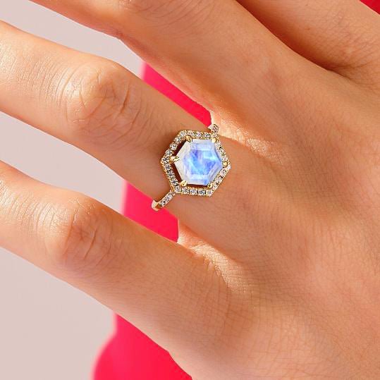 Hexagon Style Natural Moonstone Halo Ring - Goodstone Jewels