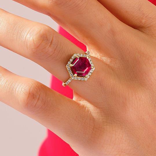Hexagon Style Natural Ruby Halo Ring - Goodstone Jewels