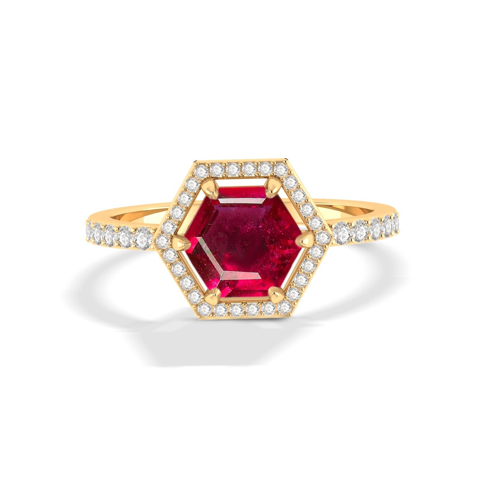 Hexagon style natural ruby unique engagement ring