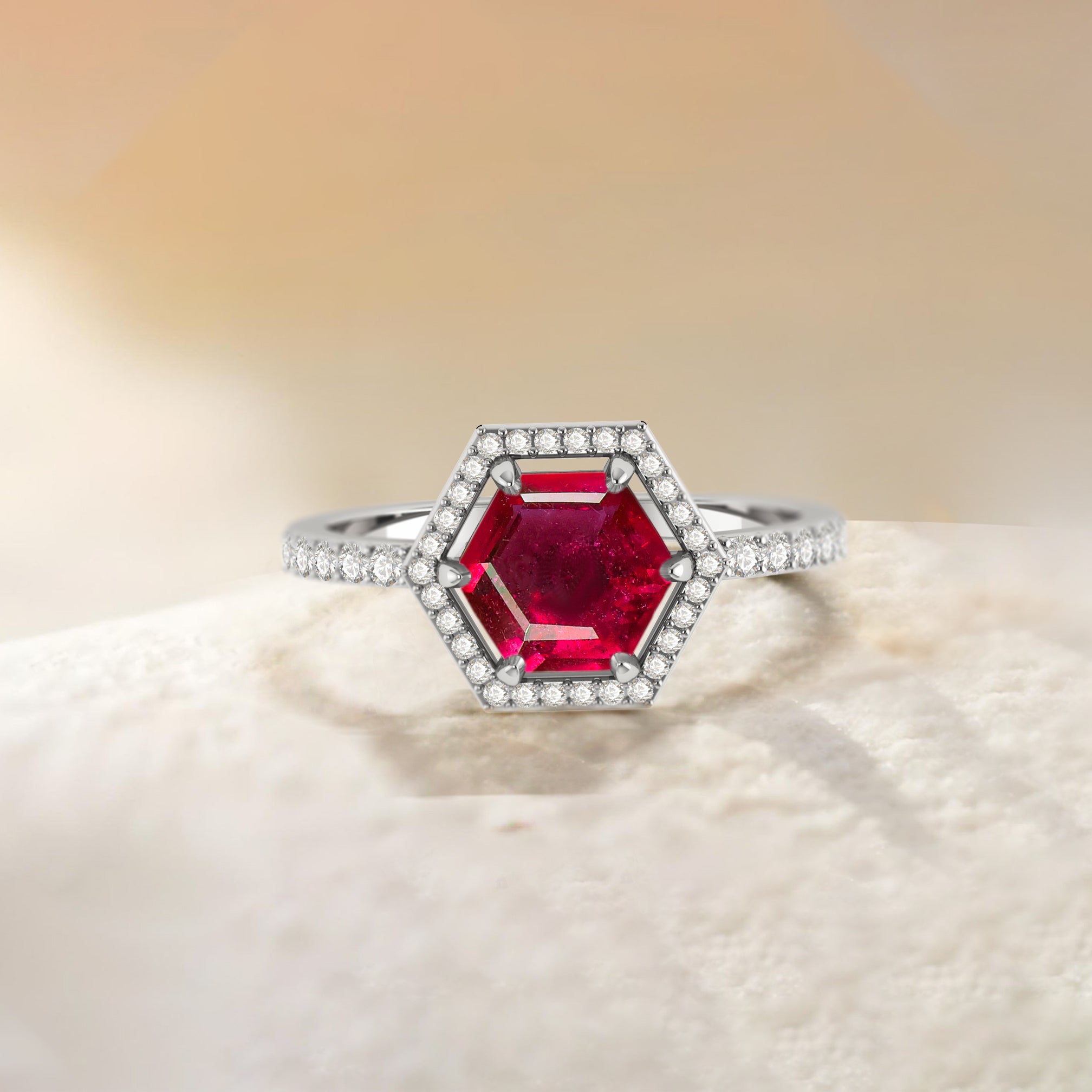 Hexagon Style Natural Ruby Halo Ring - Goodstone Jewels