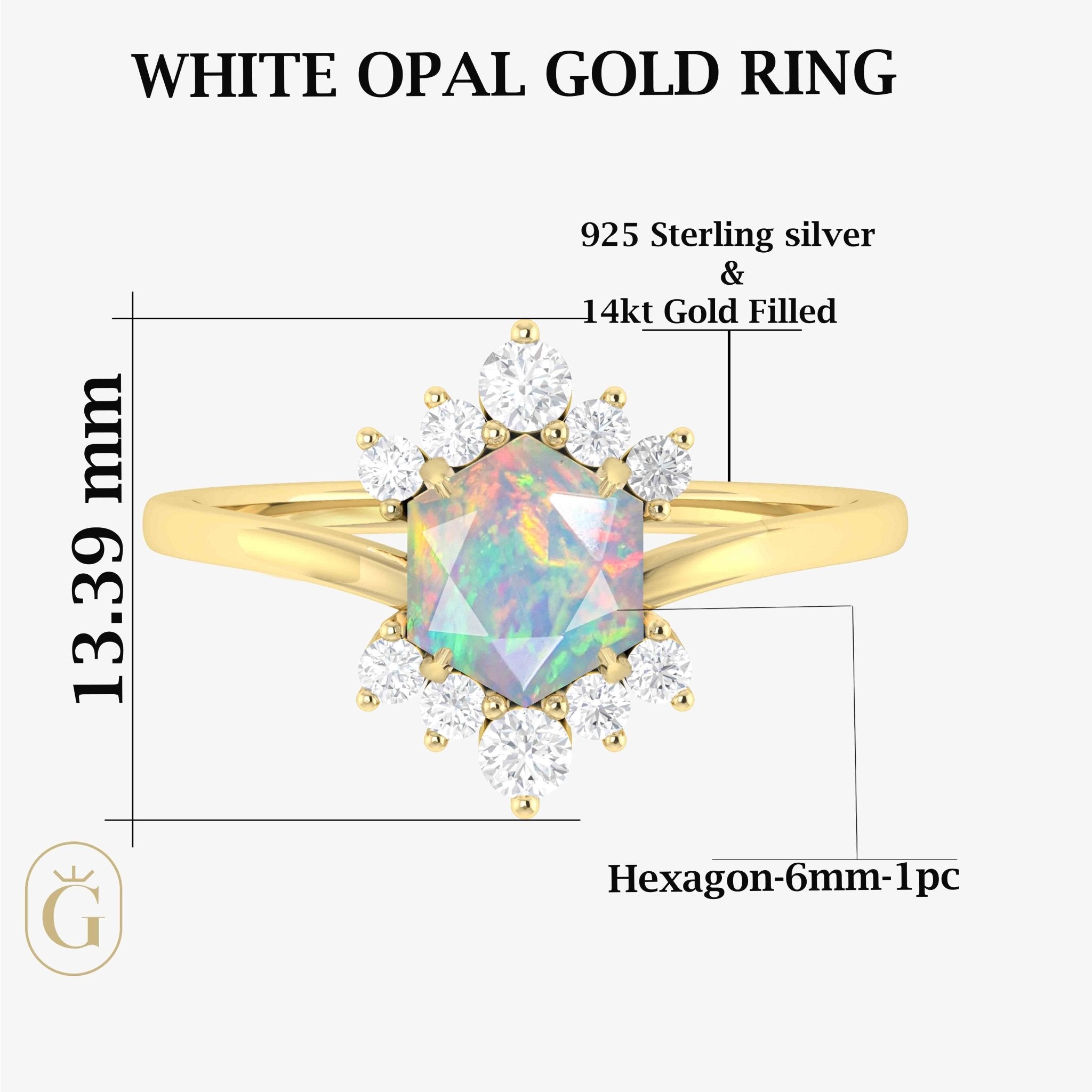 Hexagon Style Natural White Opal & White Zircon Designer Ring - Goodstone Jewels