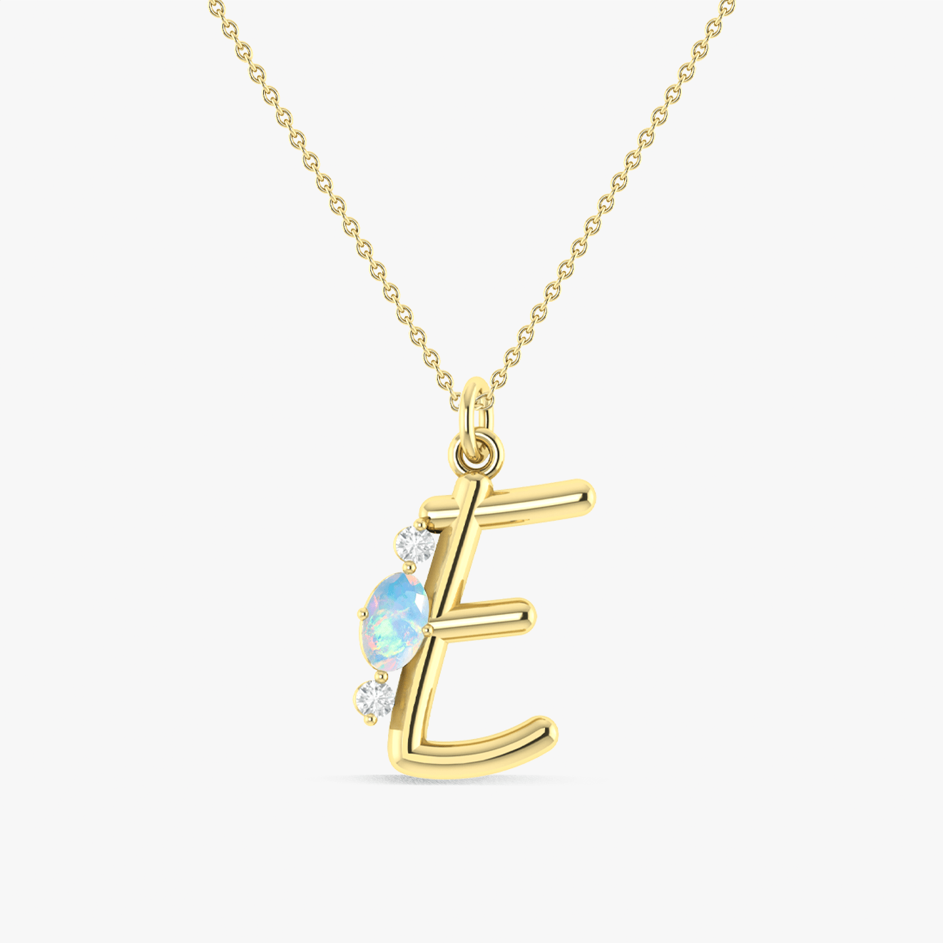 Initial E Alphabet Pendant Necklace with Natural White Opal & Zircon - Goodstone Jewels