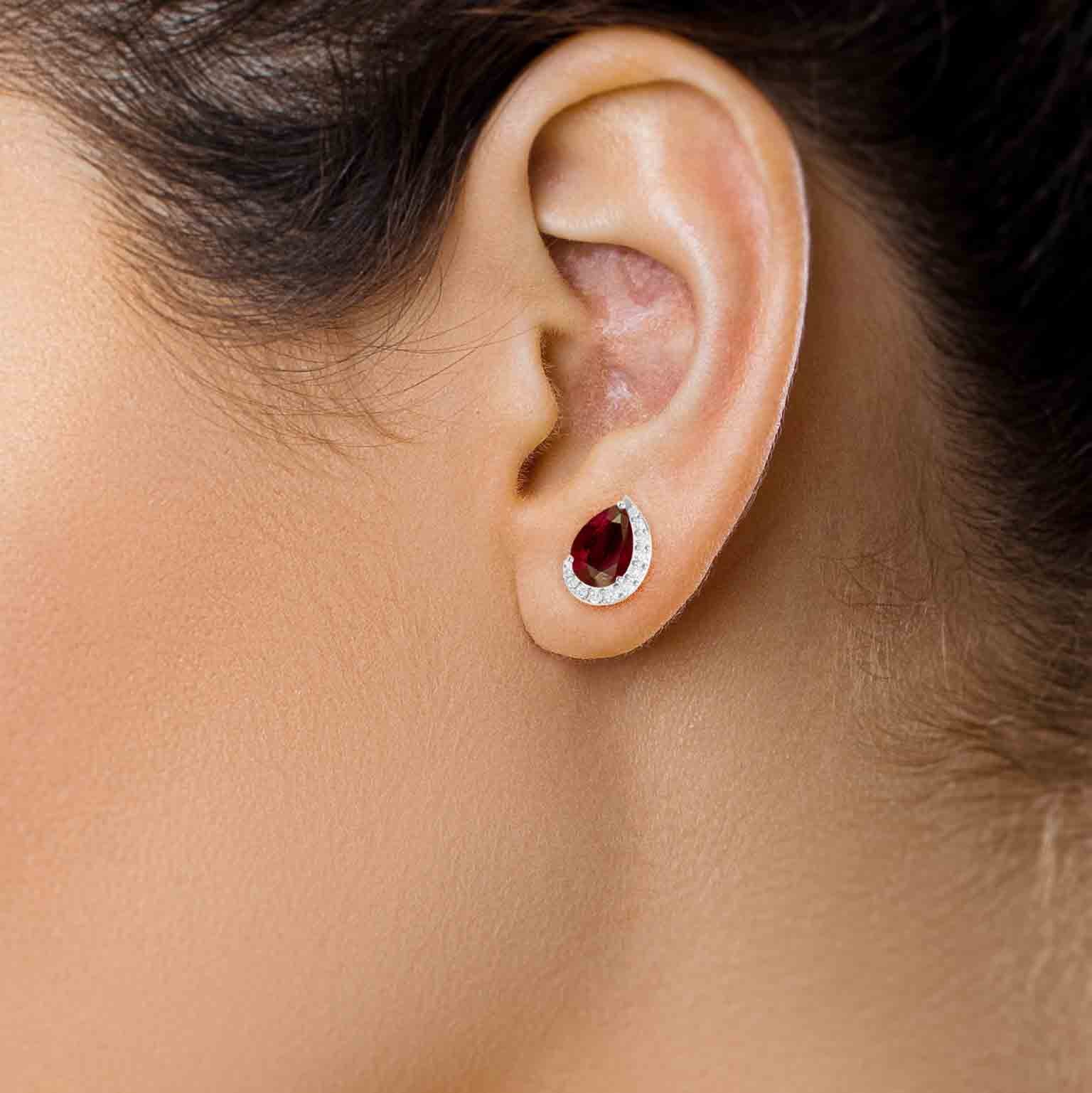Red Ruby Gemstone Pear Design Stud Earring