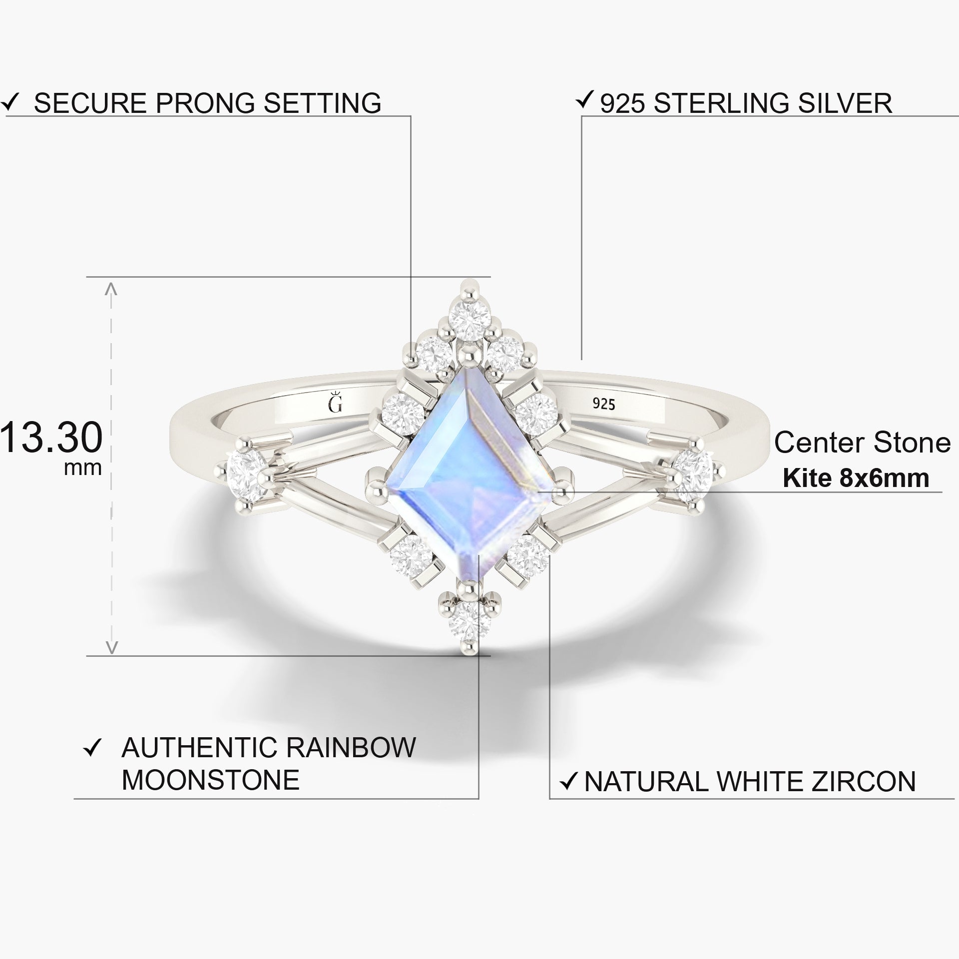 Kite Shape Natural Moonstone with White Zircon Designer Wedding Ring - Goodstone Jewels