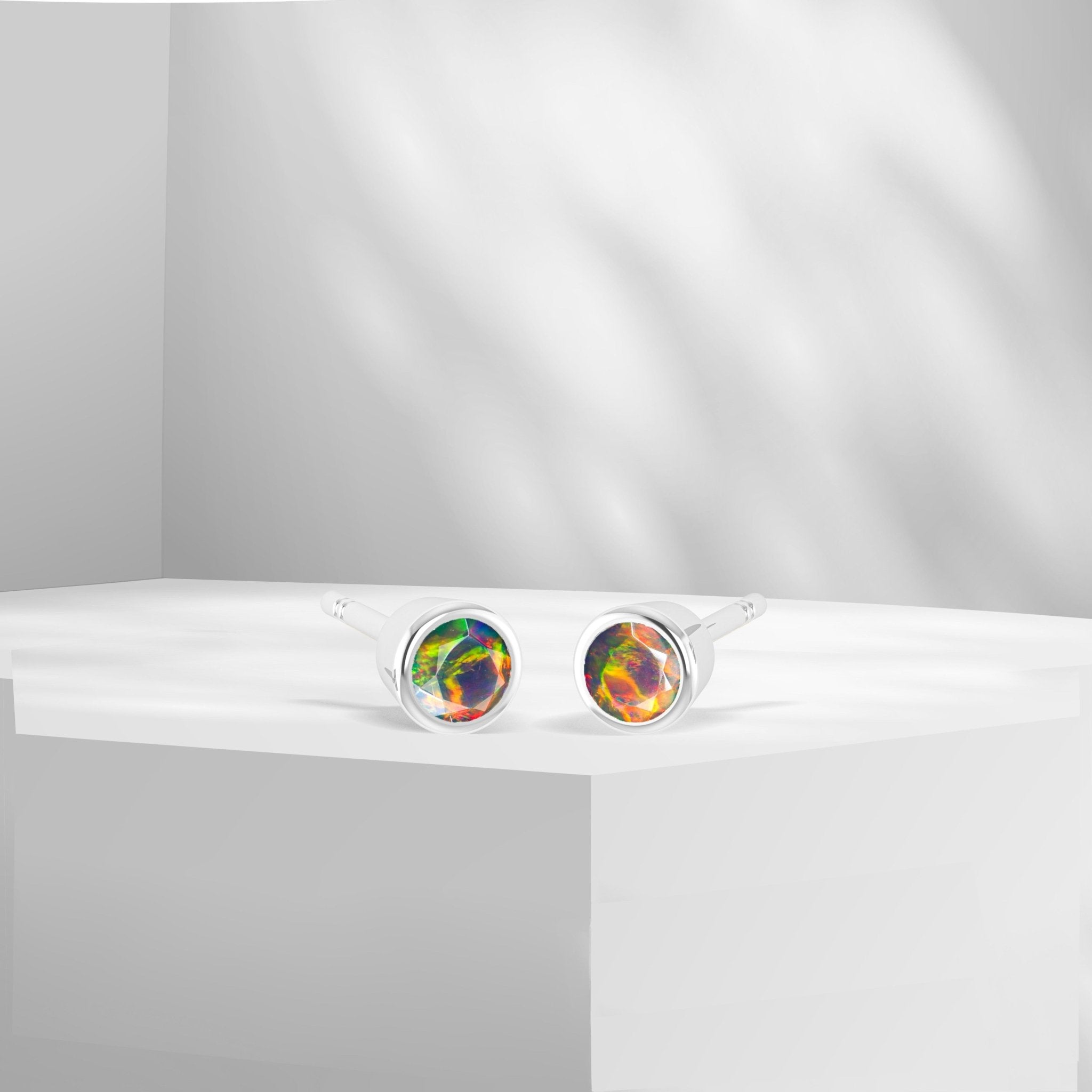 Lavender Fire Round Opal Bezel Stud Earring - Goodstone Jewels