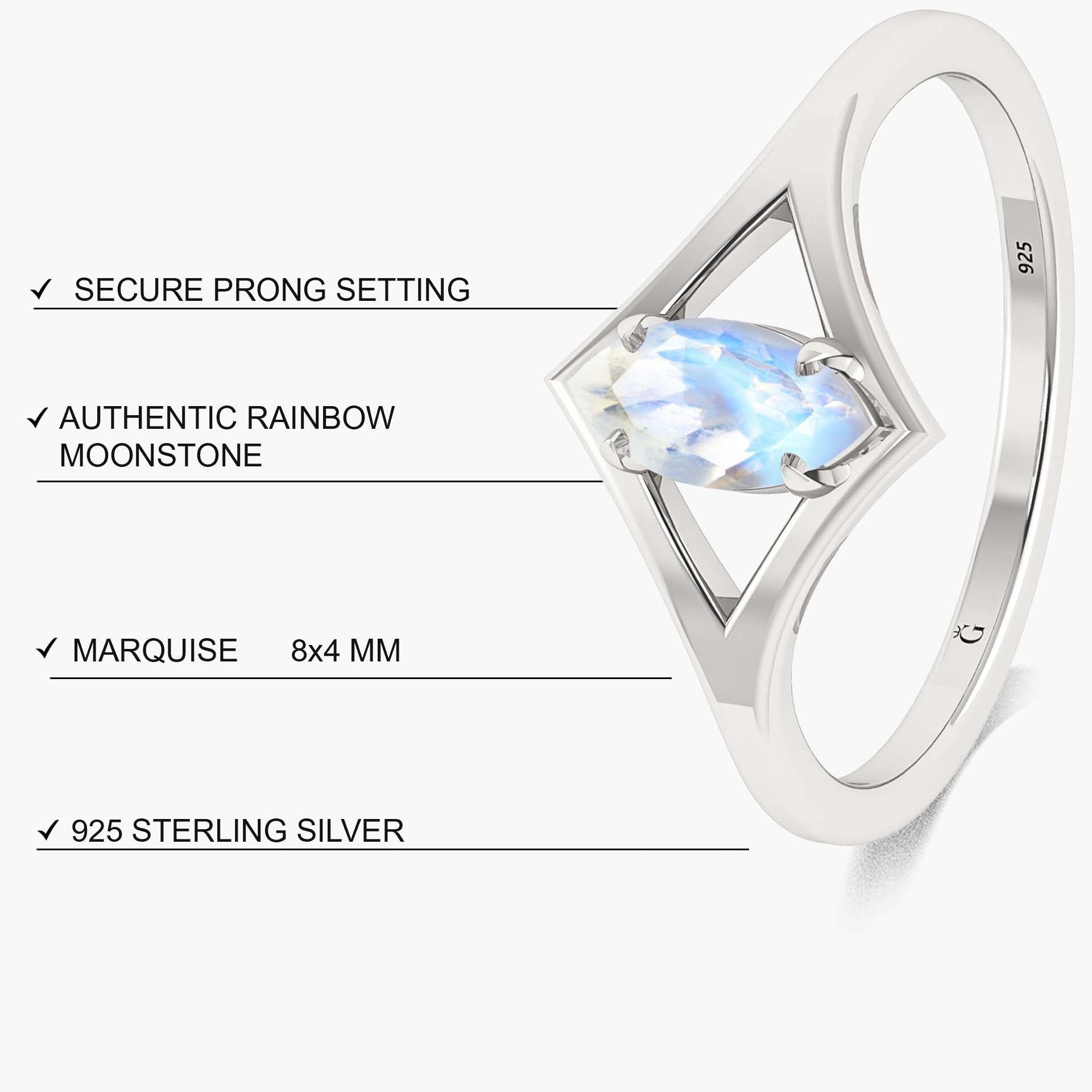 Marquise Shape 8X4 MM Natural Moonstone Solitaire Ring - Goodstone Jewels