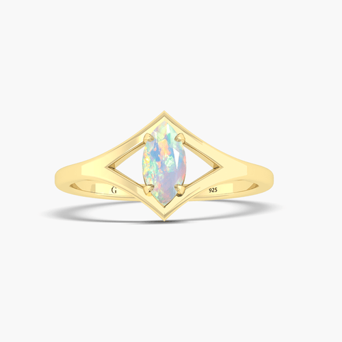 Natural White Opal Ring - Marquise Cut Solitaire