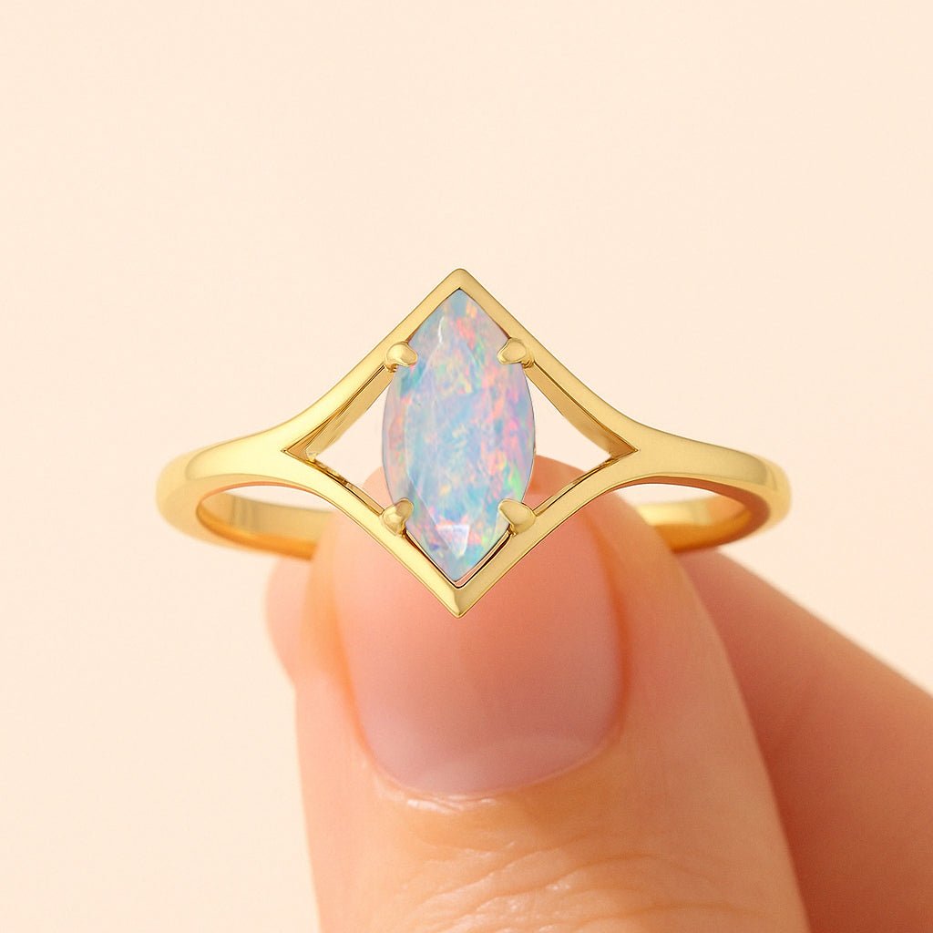 Marquise Shape 8X4 MM Natural White Opal Solitaire Ring - Goodstone Jewels