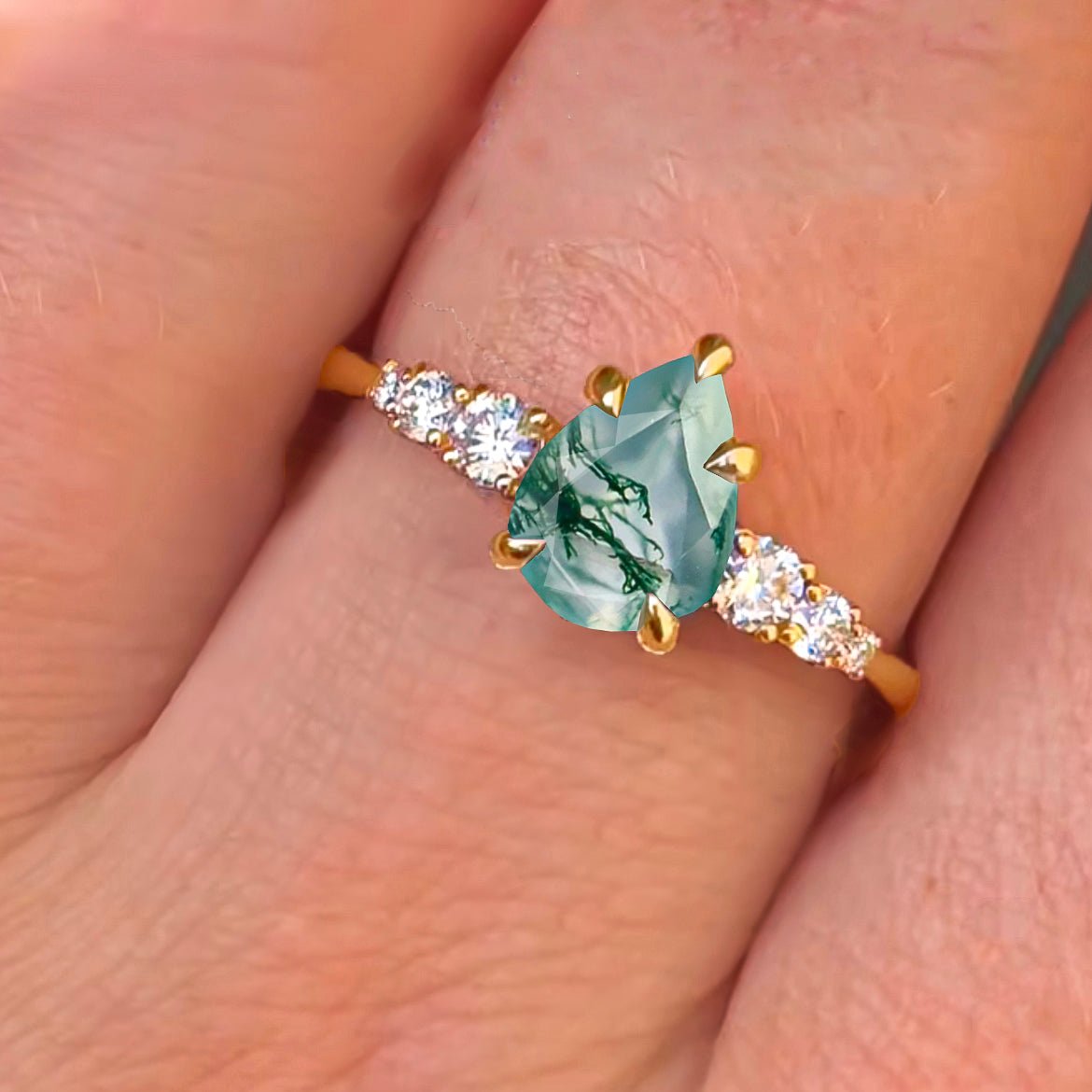 Moss Agate Faceted Pear Gemstone Ring - Goodstone Jewels