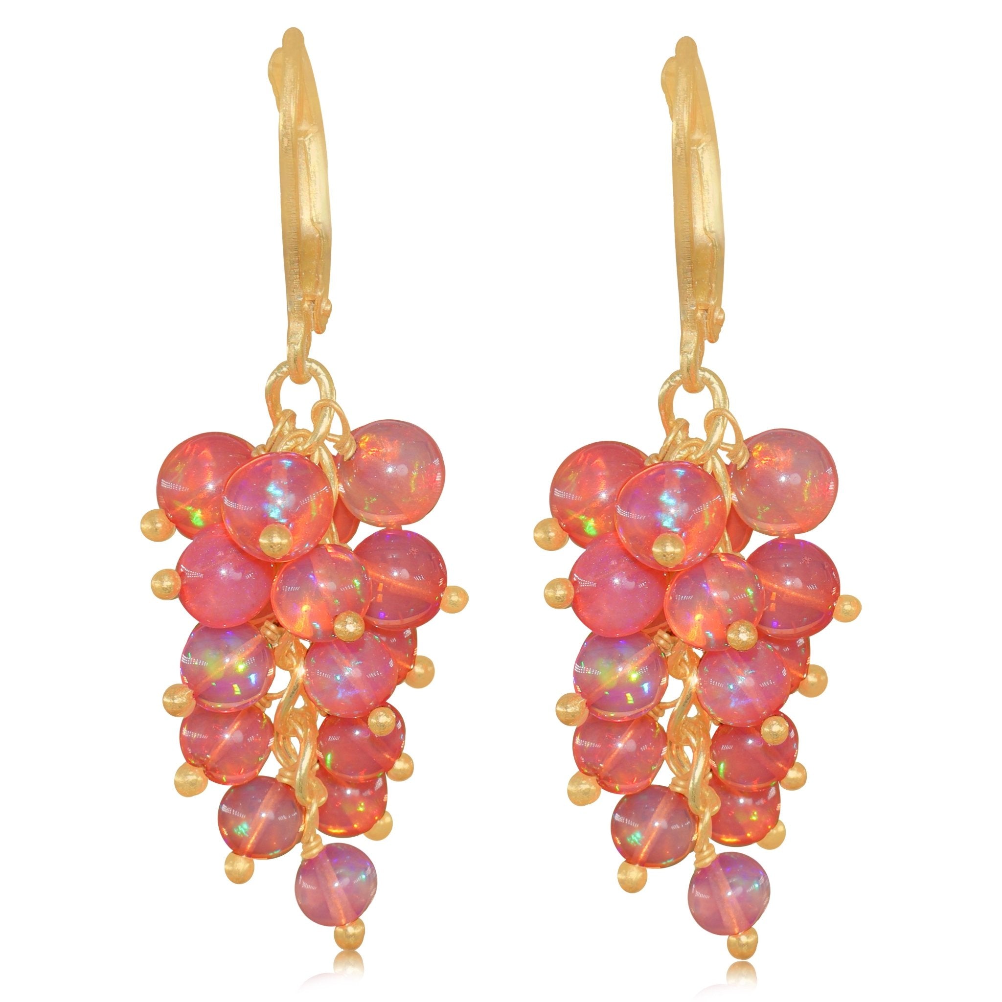Multifire Red Opal Round Beads Cluster Earrings for Her - Goodstone Jewels