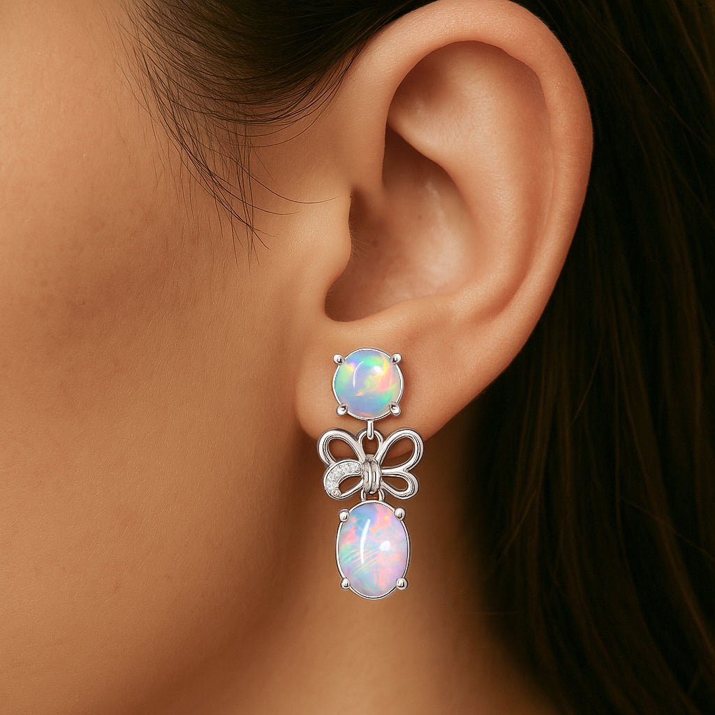 Multifire White Opal Butterfly Style Stud Earrings - Goodstone Jewels