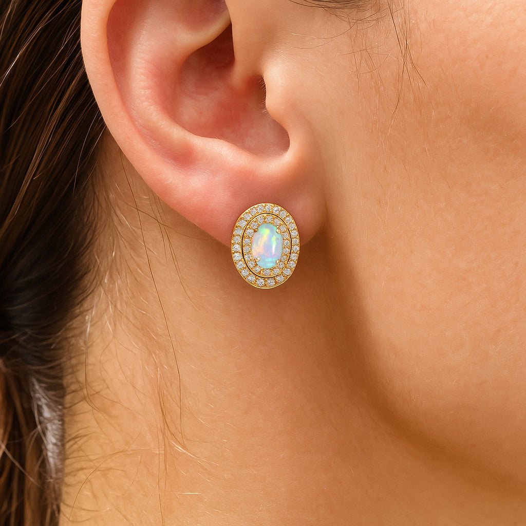 Multifire White Opal Push Back Stud Earrings for Her - Goodstone Jewels