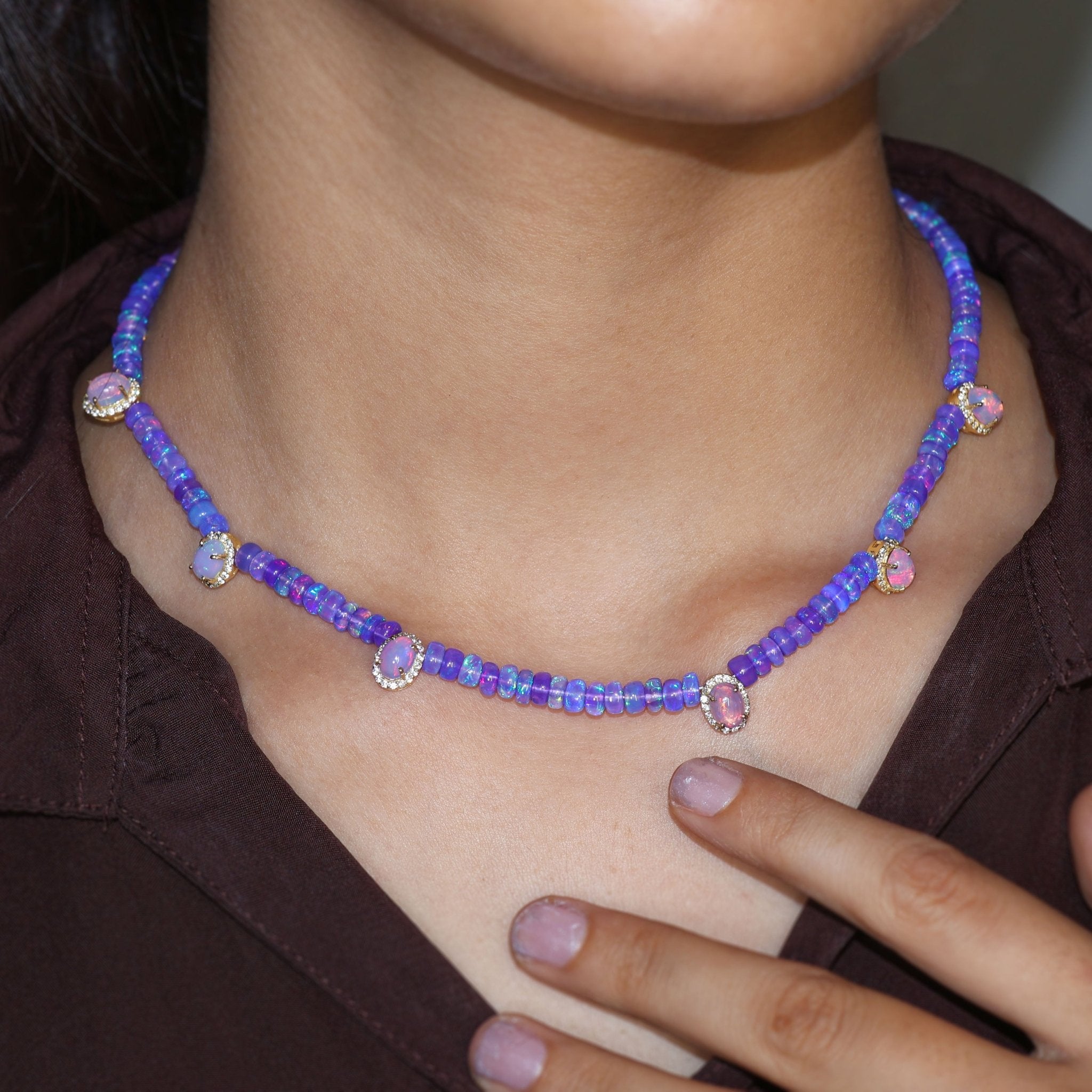 Multiple Oval Charm Plain Beaded Necklace Natural Lavender Opal - Goodstone Jewels