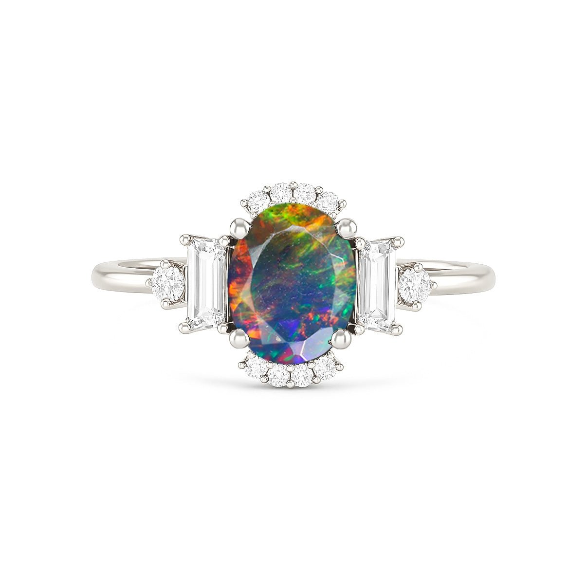 Black opal engagement ring halo wedding style