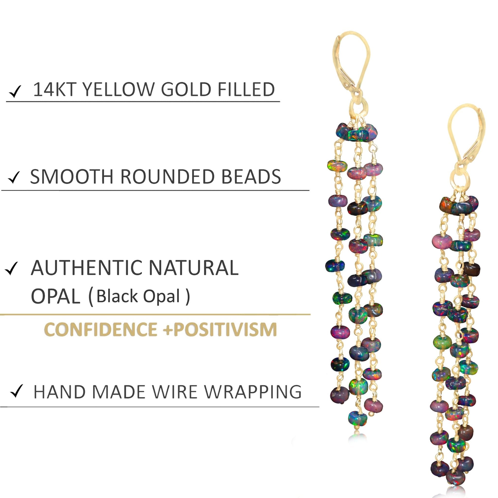 Natural Black Opal 3 Line Dangle Drop Handmade Earrings - Goodstone Jewels