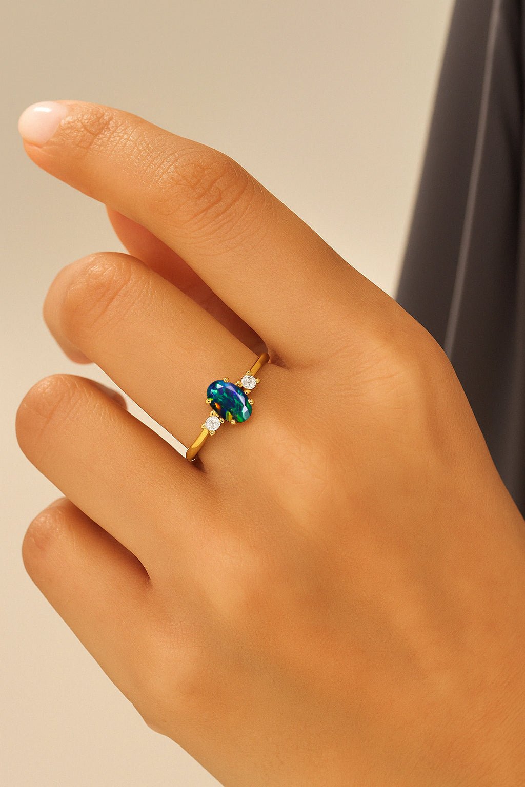 Natural Black Opal and White Zircon Engagement Three Stone Ring - Goodstone Jewels